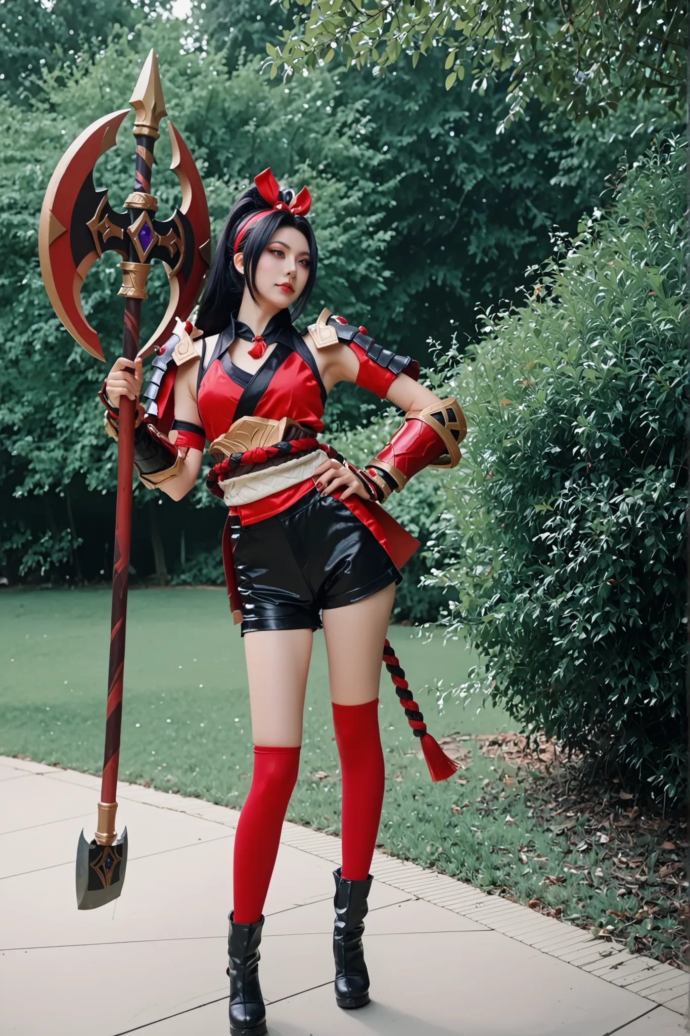 mulher cosplayer, ela é cosplayer de hanabi mobile from legends, hanabi from mobile legends, ultradetalhado, Hanabi, 1girl, solo, black ponytail hair, red headband, ninja outfit, gauntlets, black shorts, red stocking, kunai in stocking, boots, shoulder pad...