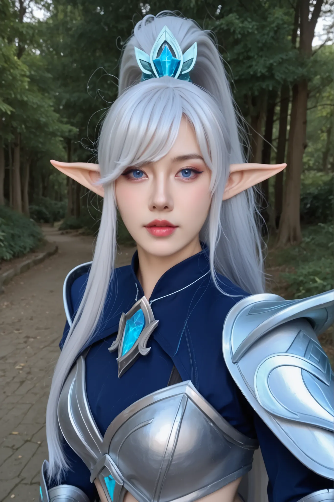 Foto ultradetalhada, mulher cosplayer, ela é cosplayer de Myia from mobile legends, ( Myia from mobile legends),   elf warrior, wearing a blue and silver armor, Long, flowing white hair styled in a high ponytail, blue eyes  , she's in a forest, pele real, ...