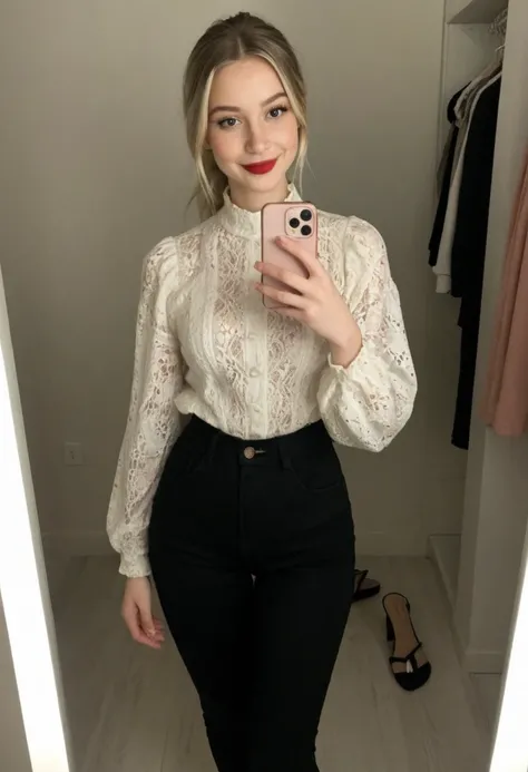 Full body selfie of blonde Russian woman, pele branca rosada , 1,55 meters tall 20-year-old appearance, straight blonde hair and very long, straight yellow blonde hair, Straight hair tied at a ponytail, heavy makeup with vibrant red lipstick and with black...