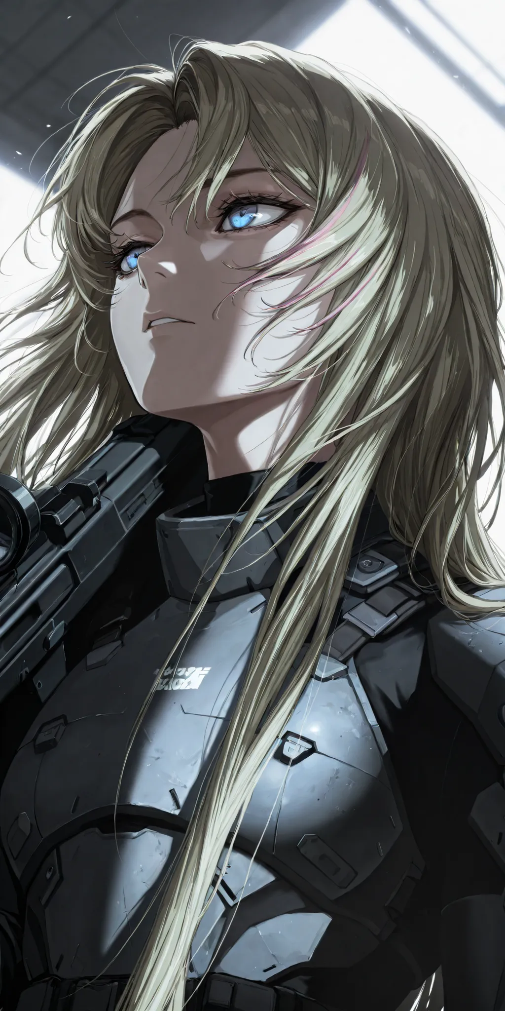 by [inoitoh|arknights|748cmstyle], warcore, backlighting, warm lighting, scenery, accented lights, 1girl, solo, A close up of a mature woman at a quarter angle/three quarter angle aiming her weapon, detailed face, intricate details, shikimori, bright blue ...