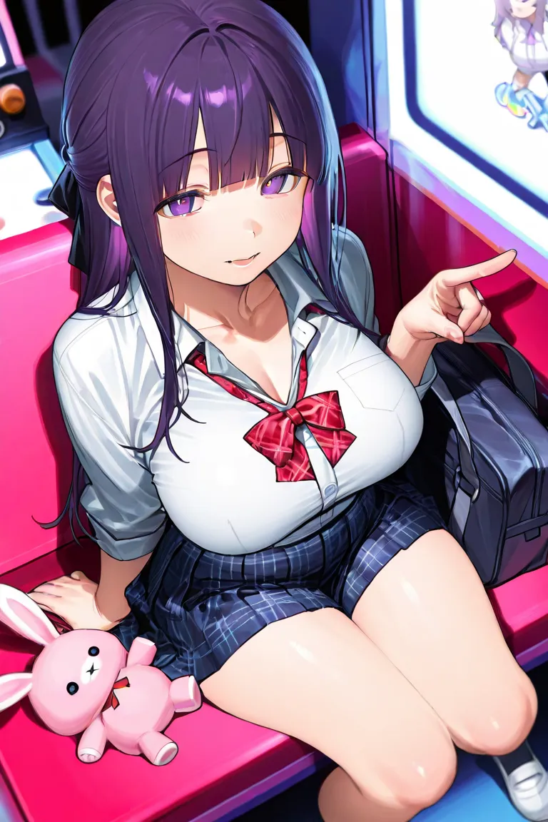masterpiece、top quality、amazing quality、超high resolution、high resolution、Newest、1 girl、mature women、side view、angle from bottom、Dutch angle、stare at the viewers who are clutching their feet、half-open lips、gentle smile、perfect eye、her eyes drawn in detail、bright eyes、purple eyes、purple hair、straight long hair、half up、butt bangs、side lock、uniform、collared shirt、blue pleated skirt、Unworn red plaid ribbon、collarbone、plump breasts、holding a pink stuffed rabbit、school bag that stands in dignity、pointing left hand、Small items、arcade、Crane games、detailed background、volumetric lighting、depth of field、shadow、Fern、joy