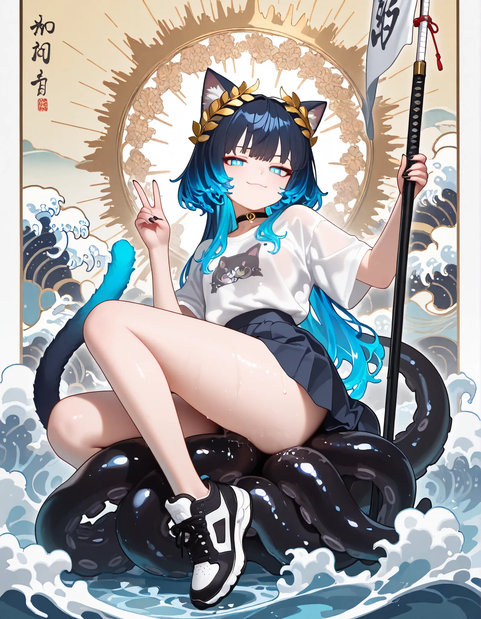 1girl, skyblue eyes, jitome(0.5), dark blue hair, White gradient hair, wolf cut, messy culry long bob hair, Fluffy thick hair, water hair, liquid hair, Hair that turns into water, Hair that turns to liquid, cat ears, 2 cat tails, flat Breast, white t shirt...