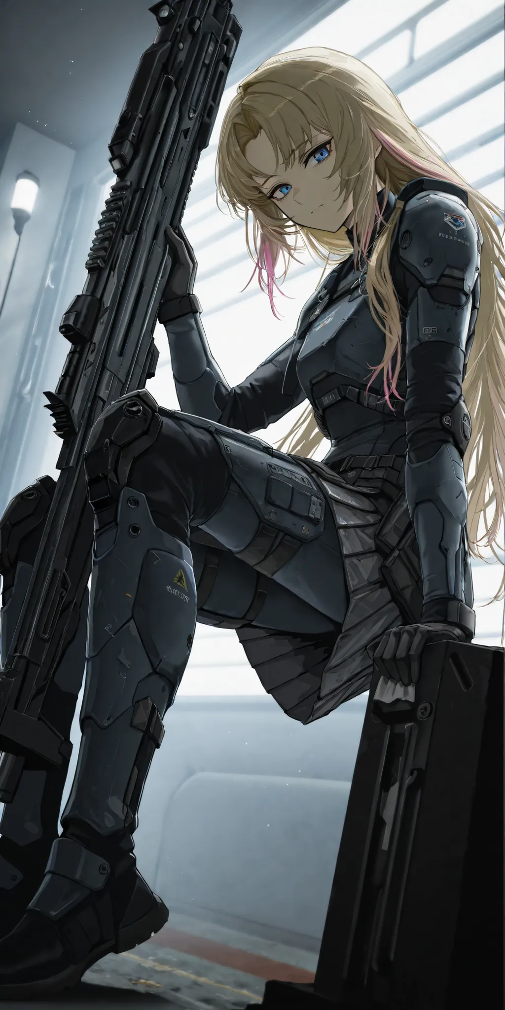 by [inoitoh|arknights|748cmstyle], warcore, backlighting, warm lighting, scenery, accented lights, 1girl, solo, A close up of a mature woman at a quarter angle/three quarter angle, looking at viewer, detailed face, intricate details, shikimori, bright blue...