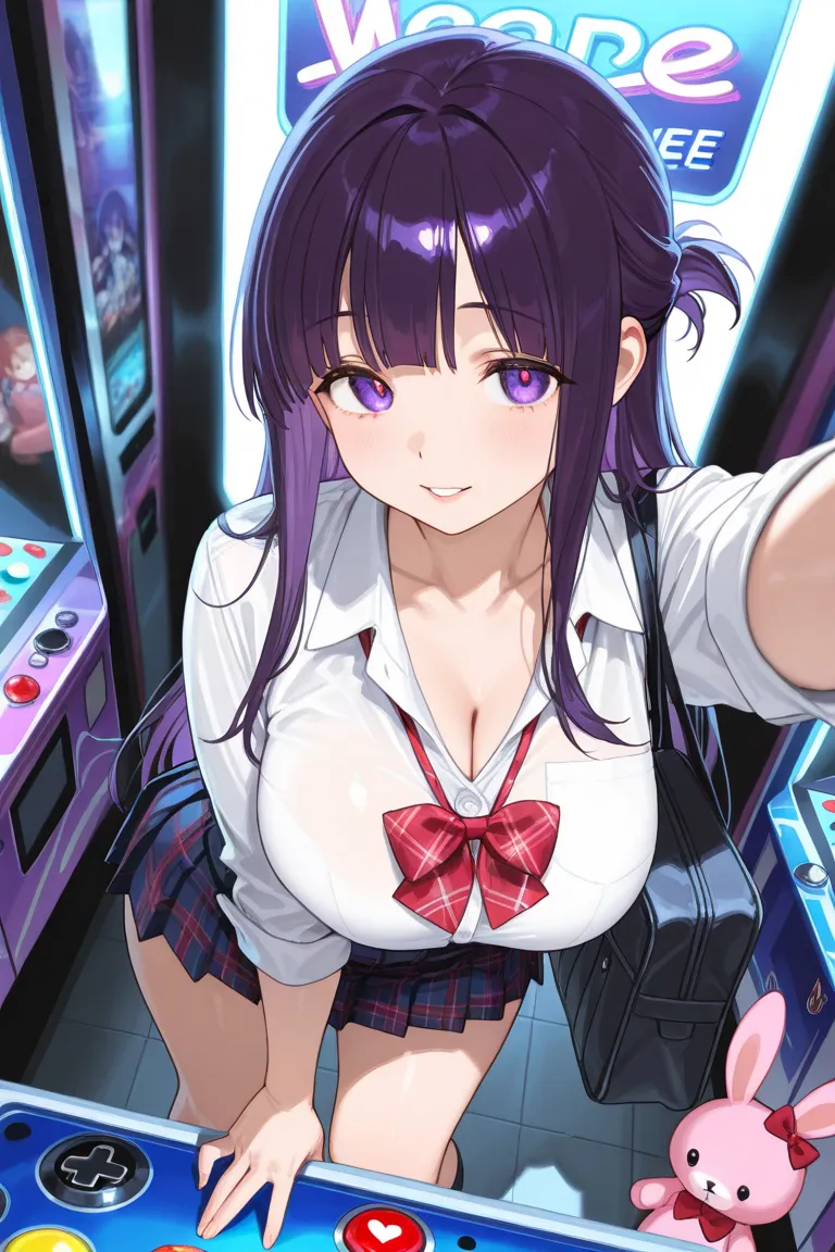 masterpiece、top quality、amazing quality、超high resolution、high resolution、Newest、1 girl、mature women、side view、angle from bottom、Dutch angle、stare at the viewers who are clutching their feet、half-open lips、gentle smile、perfect eye、her eyes drawn in detail、bright eyes、purple eyes、purple hair、straight long hair、half up、butt bangs、side lock、uniform、collared shirt、blue pleated skirt、Unworn red plaid ribbon、collarbone、plump breasts、holding a pink stuffed rabbit、school bag that stands in dignity、pointing left hand、Small items、arcade、Crane games、detailed background、volumetric lighting、depth of field、shadow、Fern、joy