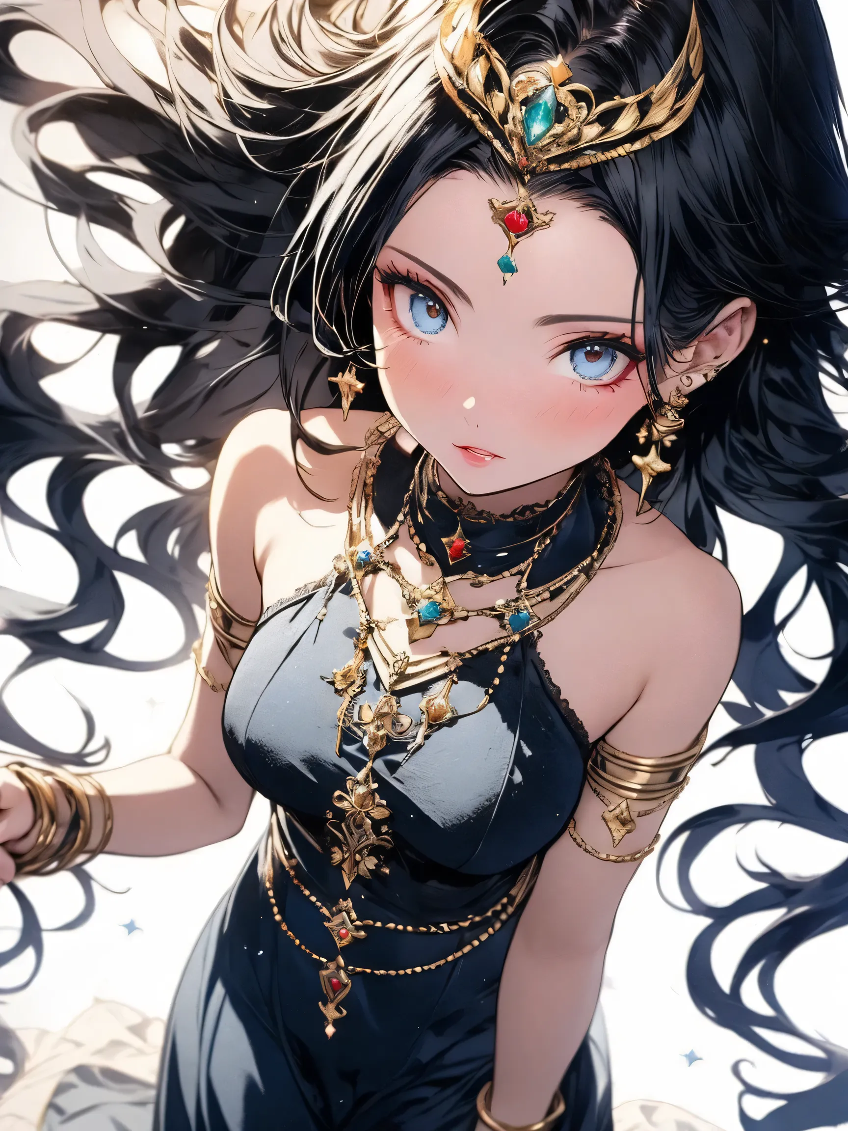 Beautiful Goddess Saints，Bright White Flowing Hair，Mysterious blue eyes，fantastic white dress，detailed body，elegant style，Mr.々colorful gemstone accessories。 very detailed depiction ，Very clear image showing from below the knee，Rich Dynamic，Light and shadow...