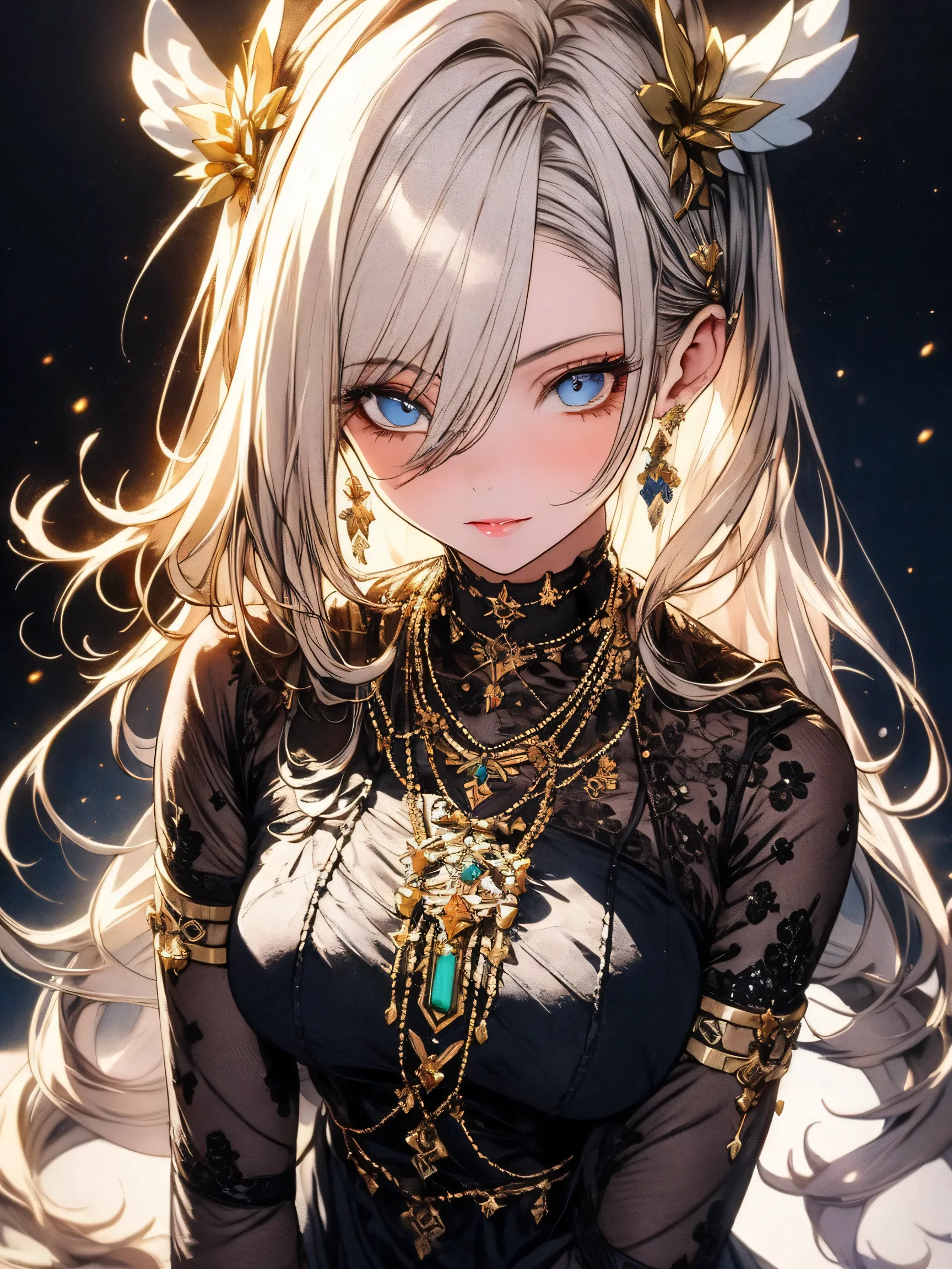 Beautiful Goddess Saints，Bright White Flowing Hair，Mysterious blue eyes，fantastic white dress，detailed body，elegant style，Mr.々colorful gemstone accessories。 very detailed depiction ，Very clear image showing from below the knee，Rich Dynamic，Light and shadow...