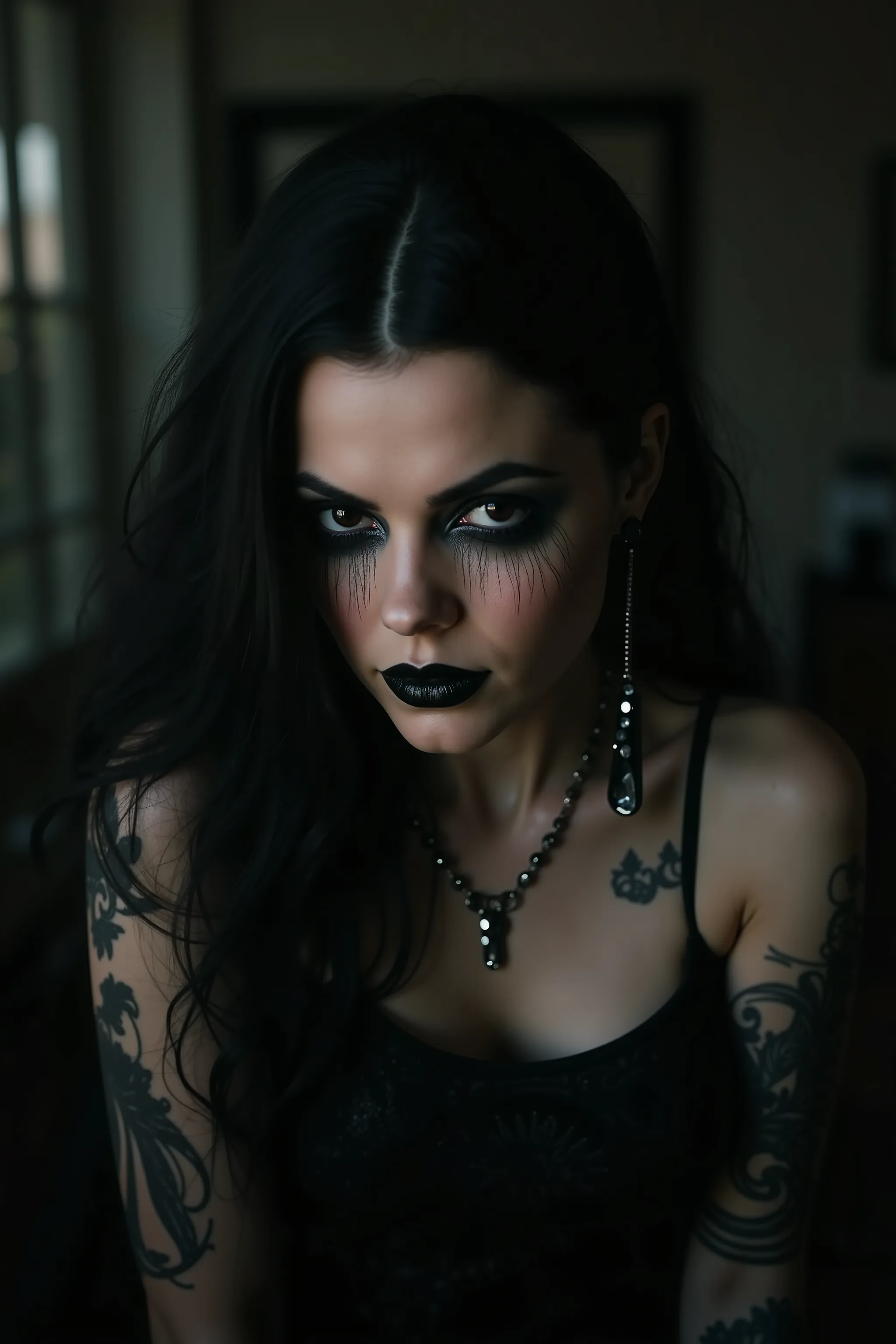 Ultra-realistic,photo-realistic, ultra-detailed gorgeous young woman, gothic beauty, moody atmosphere, dramatic dark fantasy art, intricate facial features, heavy gothic make-up, sensual poses, sensual suggestions, hypersensual, provocative, iconic style, ...