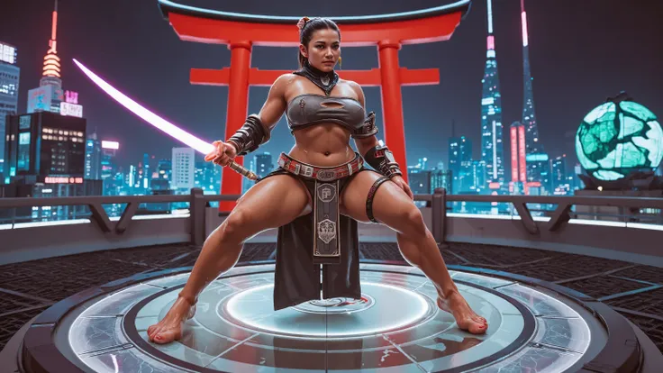 Athletic shrine maiden in combat stance on futuristic shrine rooftop, perfectly defined muscles gleaming with sweat, wearing traditional robes merged with high-tech armor, bare feet in perfect anatomical detail gripping translucent platform, graceful hands...