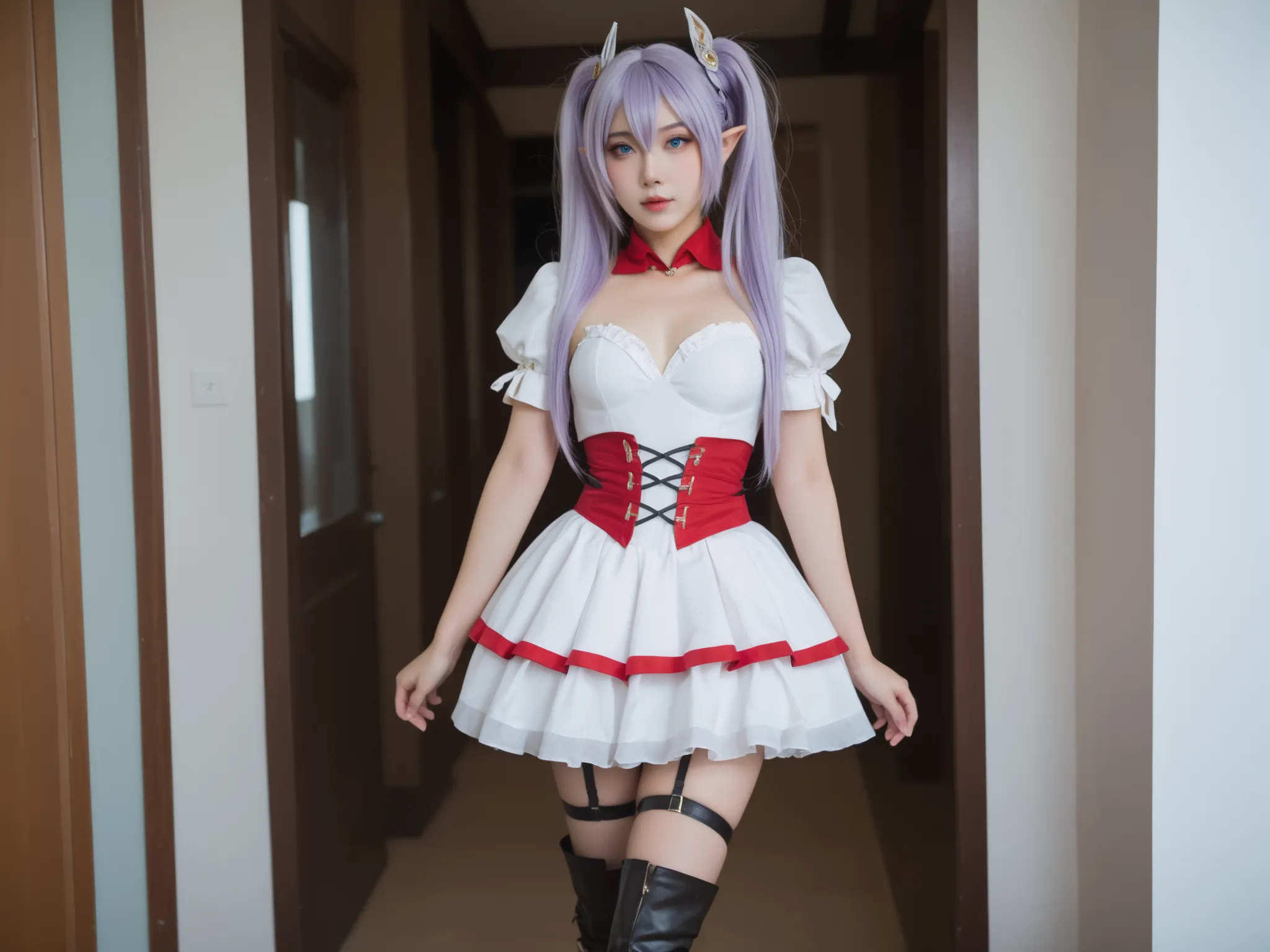 nagomis1_cnr, 1girl, light purple hair, hair between eyes, blue eyes, small breasts, long hair, twintails, elf dress, red dress, white dress, two-tone dress,white leotard, puffy sleeves, garter straps, black thighhighs, thigh boots, ela está de pé olhando ...