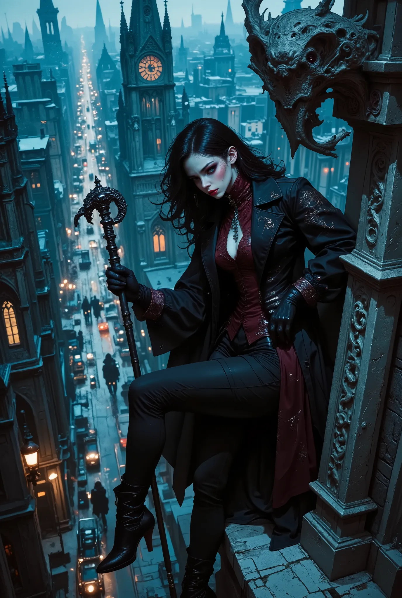 In the center of the composition is a mysterious young girl of about twenty–five, with aristocratically sharp features, pale, almost porcelain skin and thick black hair, slightly disheveled by the night wind. Her eyes are a cold gray-blue shade, like ice i...