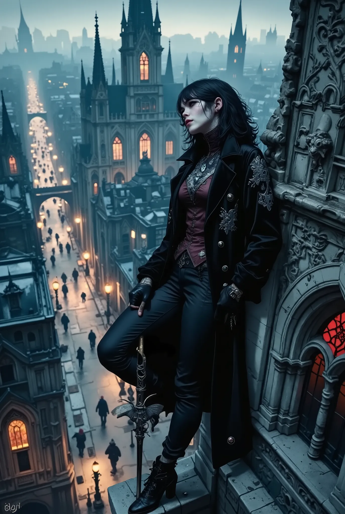 In the center of the composition is a mysterious young girl of about twenty–five, with aristocratically sharp features, pale, almost porcelain skin and thick black hair, slightly disheveled by the night wind. Her eyes are a cold gray-blue shade, like ice ...
