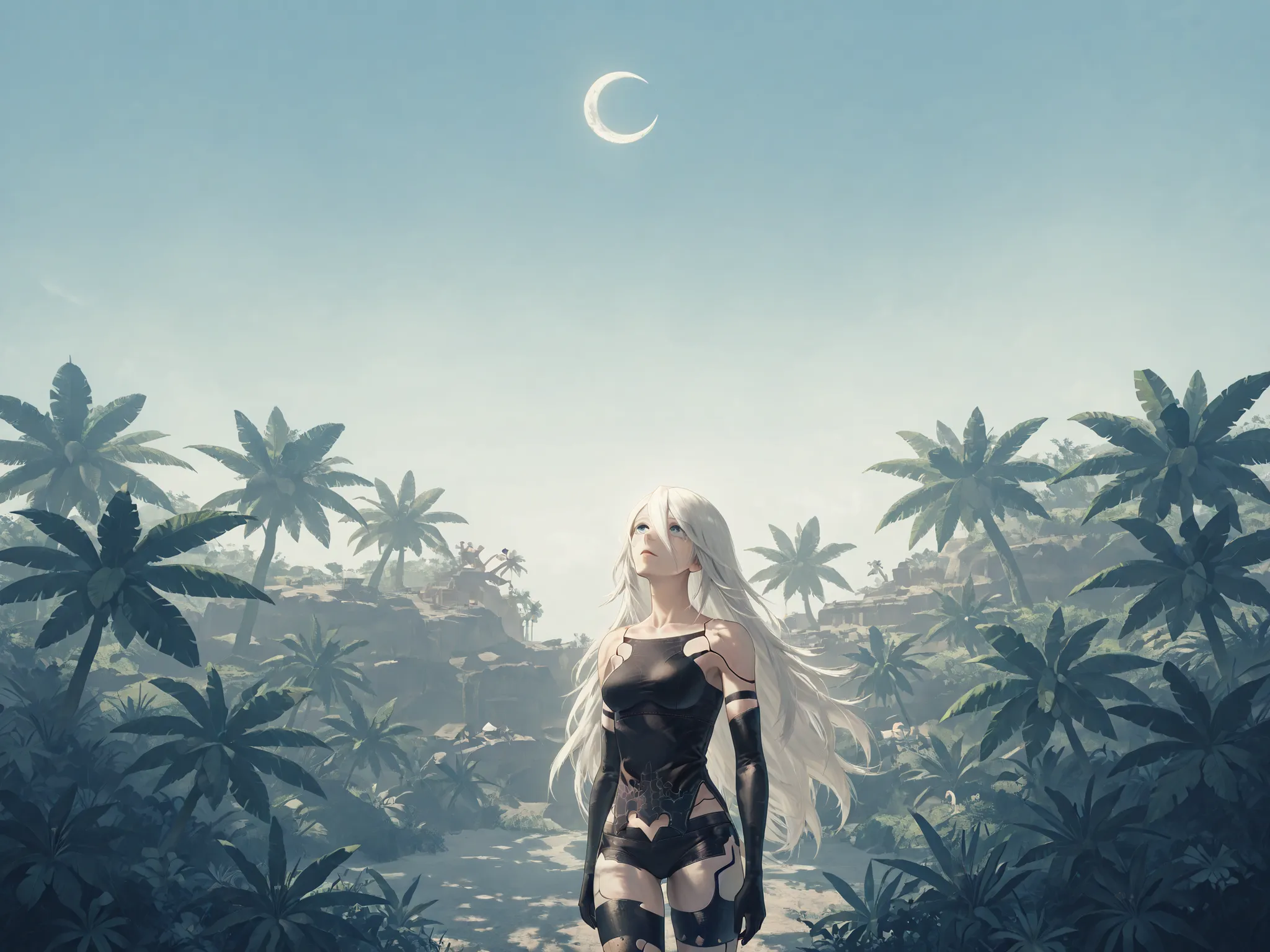 1character, a2_\(nier:automata\), long hair, scenery, nierscene, in a tropical forest, looking up at the bright blue sky, crescent moon visible in the daytime sky, Ko'olau volcano in the background