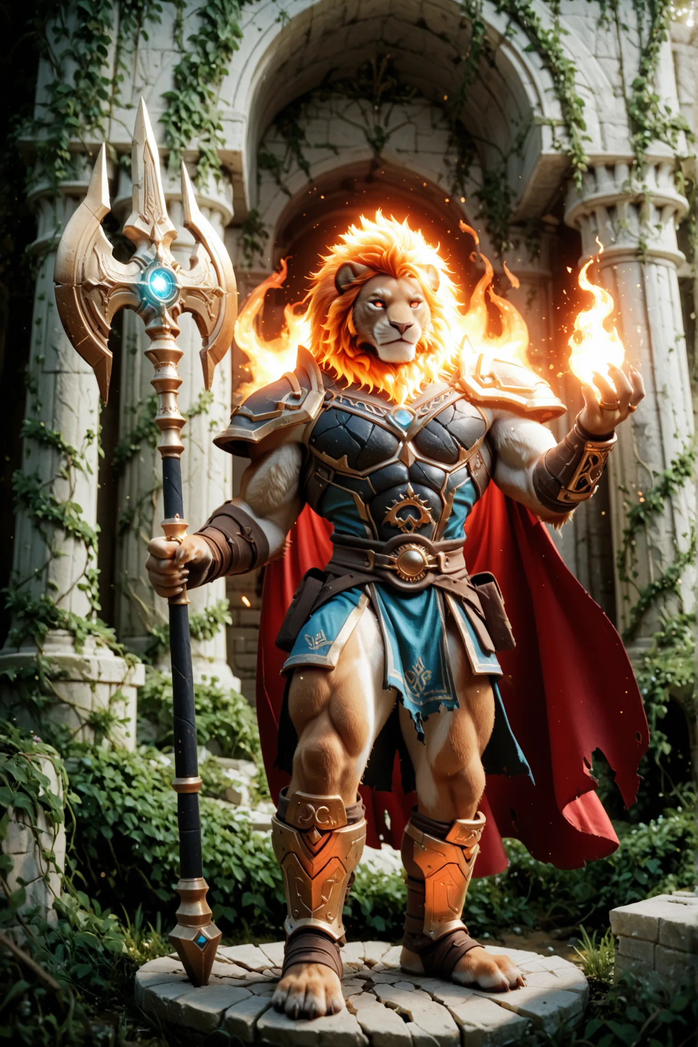 A majestic anthropomorphic lion warrior, radiating both primal savagery and regal nobility, stands atop a battlefield soaked in the golden light of dawn. His massive mane flows like fire in the wind, adorned with tribal gold rings and ancient battle braids...
