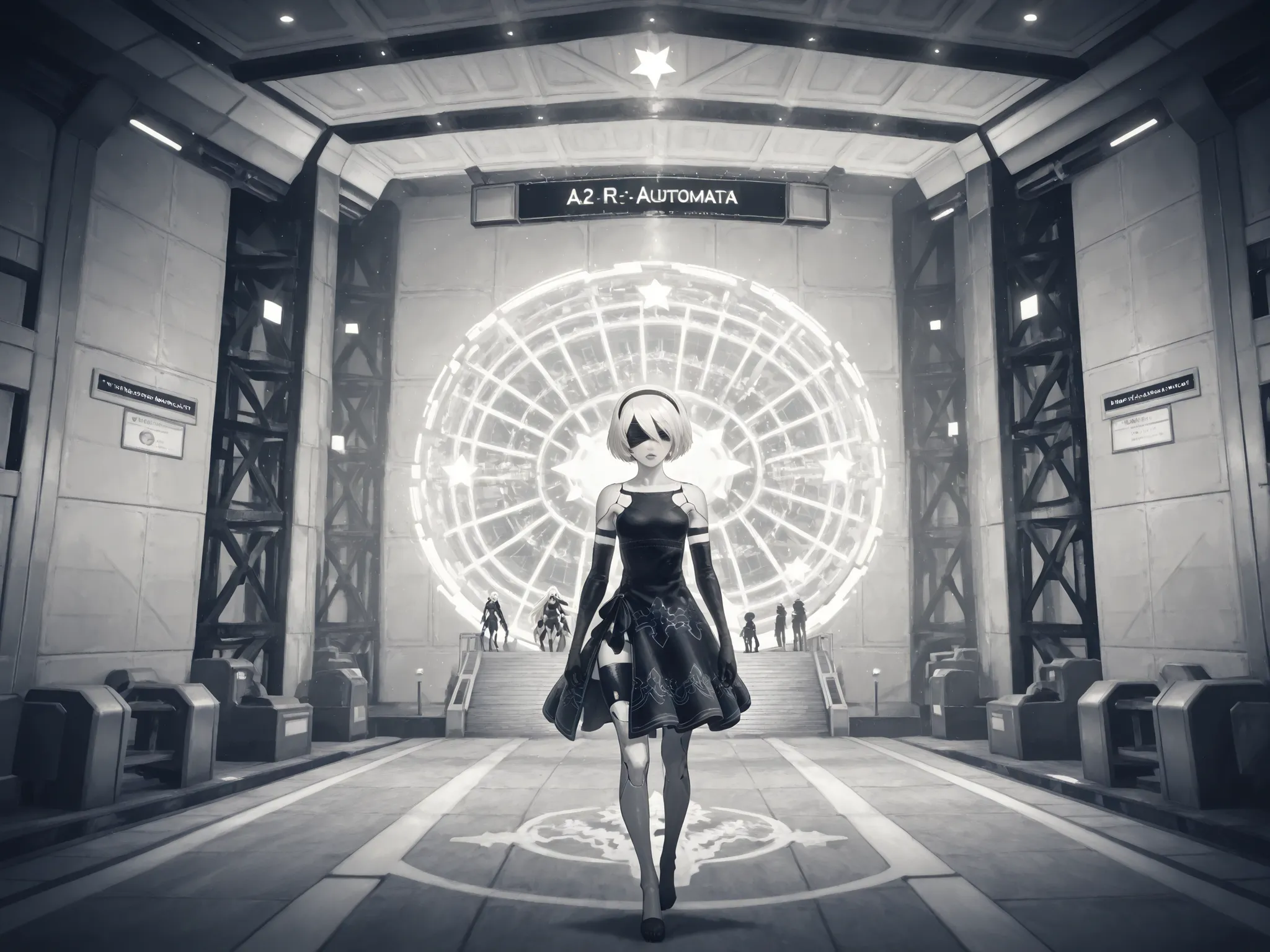 Monochrome, 1character, a2_\(nier:automata\), short hair, hair band, blindfold, black dress, gloves scenery, nierscene, on a dpace station, The bunker Interior, looking down at the blue Earth, stars in the background