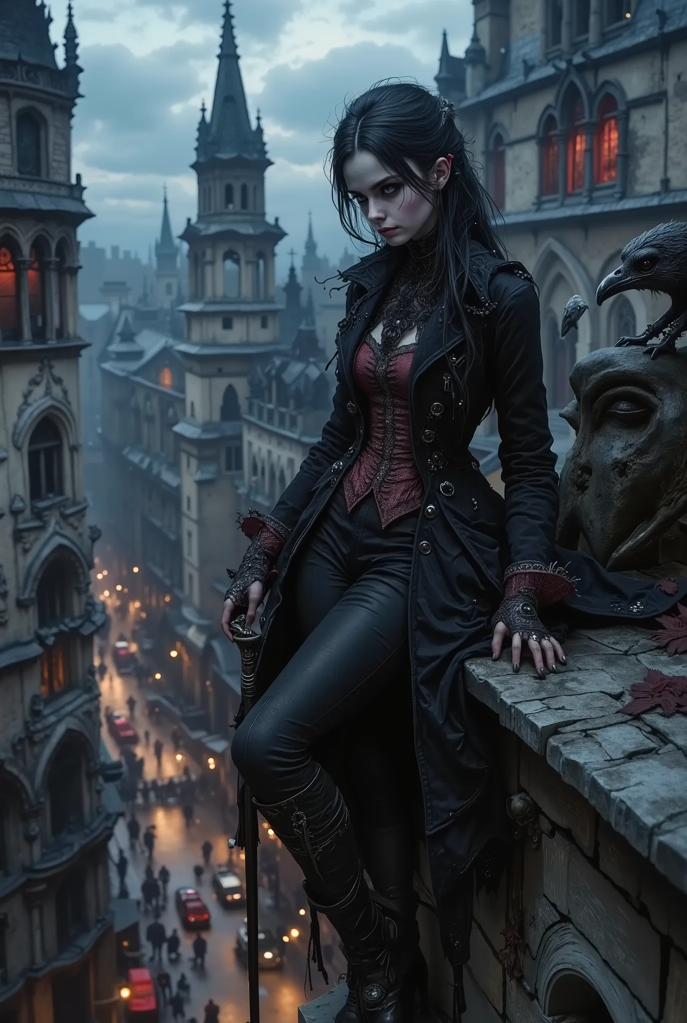 In the center of the composition is a mysterious young girl of about twenty–five, with aristocratically sharp features, pale, almost porcelain skin and thick black hair, slightly disheveled by the night wind. Her eyes are a cold gray-blue shade, like ice i...