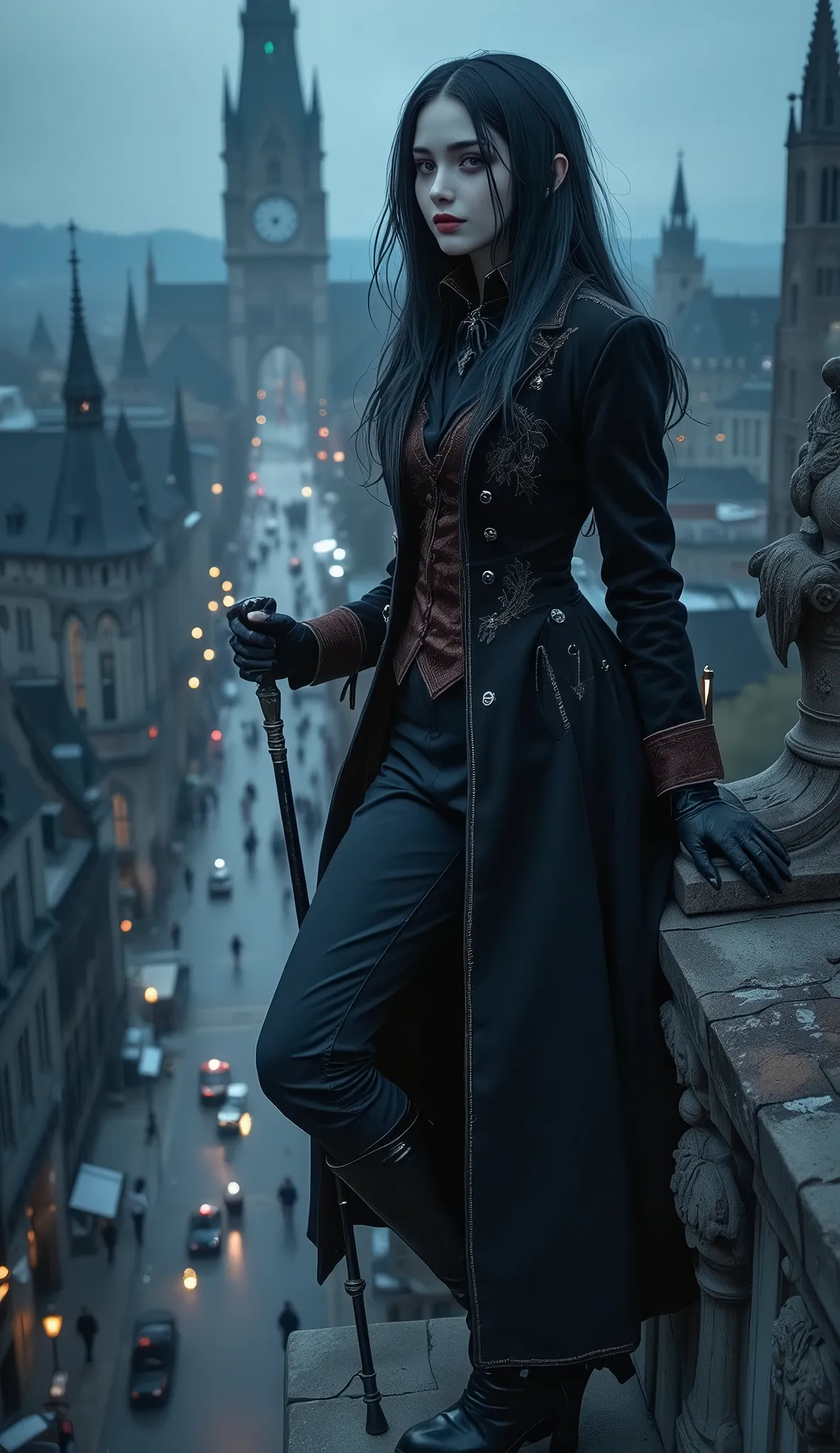 In the center of the composition is a mysterious young girl of about twenty–five, with aristocratically sharp features, pale, almost porcelain skin and thick black hair, slightly disheveled by the night wind. Her eyes are a cold gray-blue shade, like ice i...