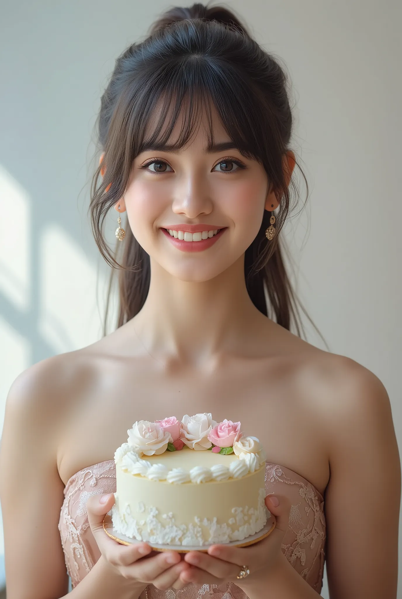 beautiful girl,holding a delicious cake in hand,smiling,graceful expression,wearing a fashionable dress,High Key Lighting,Dreamy atmosphere,precise description,8K rendering,realistic skin,Painting-like texture,Natural Light,understated colors,deep depth of...