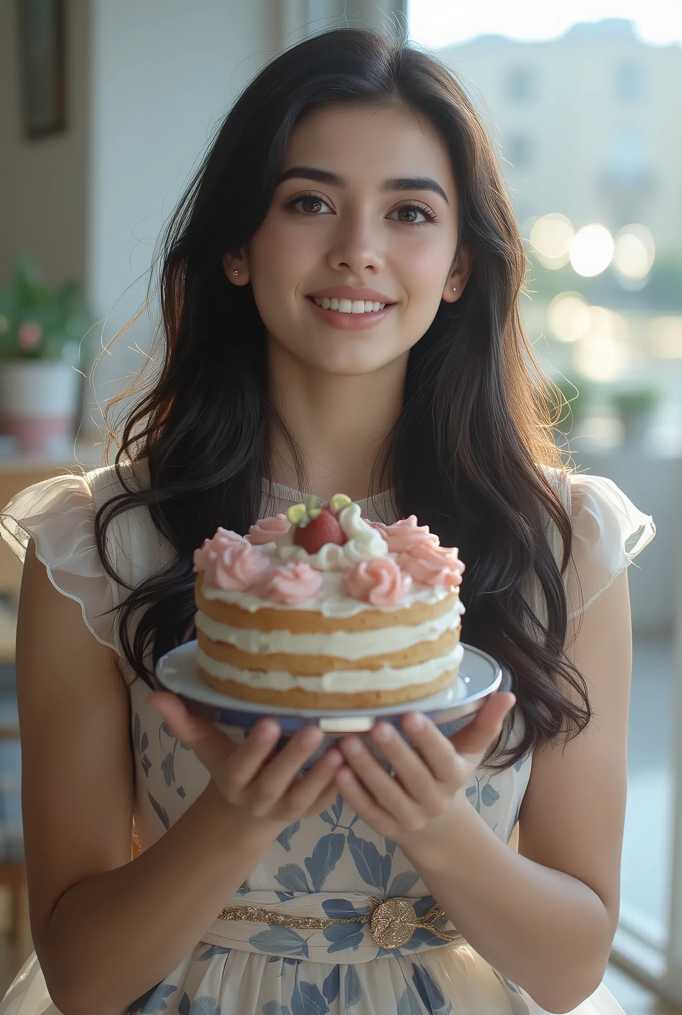 beautiful girl,holding a delicious cake in hand,smiling,graceful expression,wearing a fashionable dress,High Key Lighting,Dreamy atmosphere,precise description,8K rendering,realistic skin,Painting-like texture,Natural Light,understated colors,deep depth of...