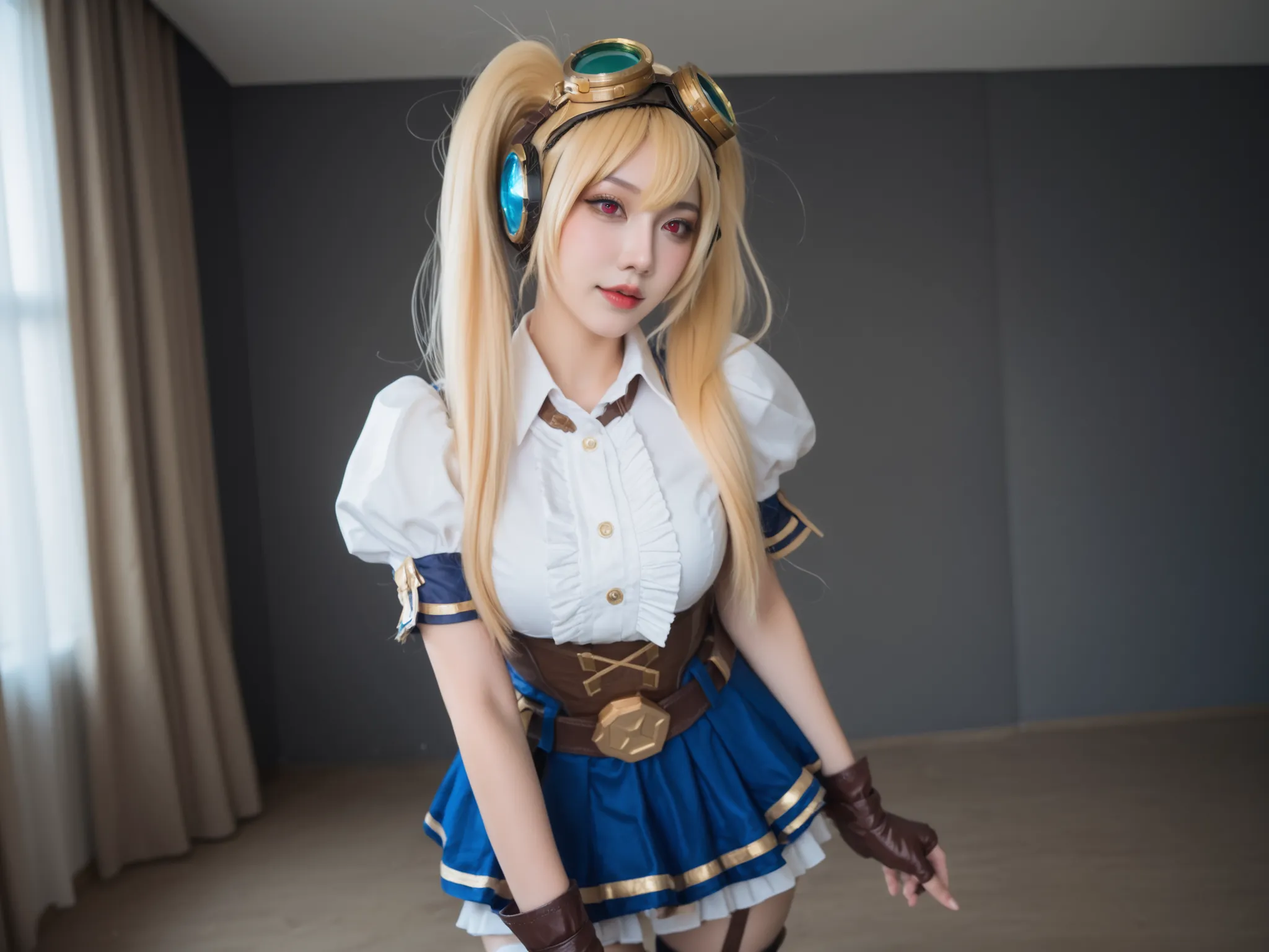 nagomis1_cnr, 1girl,ela é cosplayer de layla from mobile legends, ( layla from mobile legends), twintails, blonde, blonde hair, long hair, very long hair, red eyes, goggles, goggles on head, gloves, thighhighs, skirt, short sleeves, fingerless gloves, puff...
