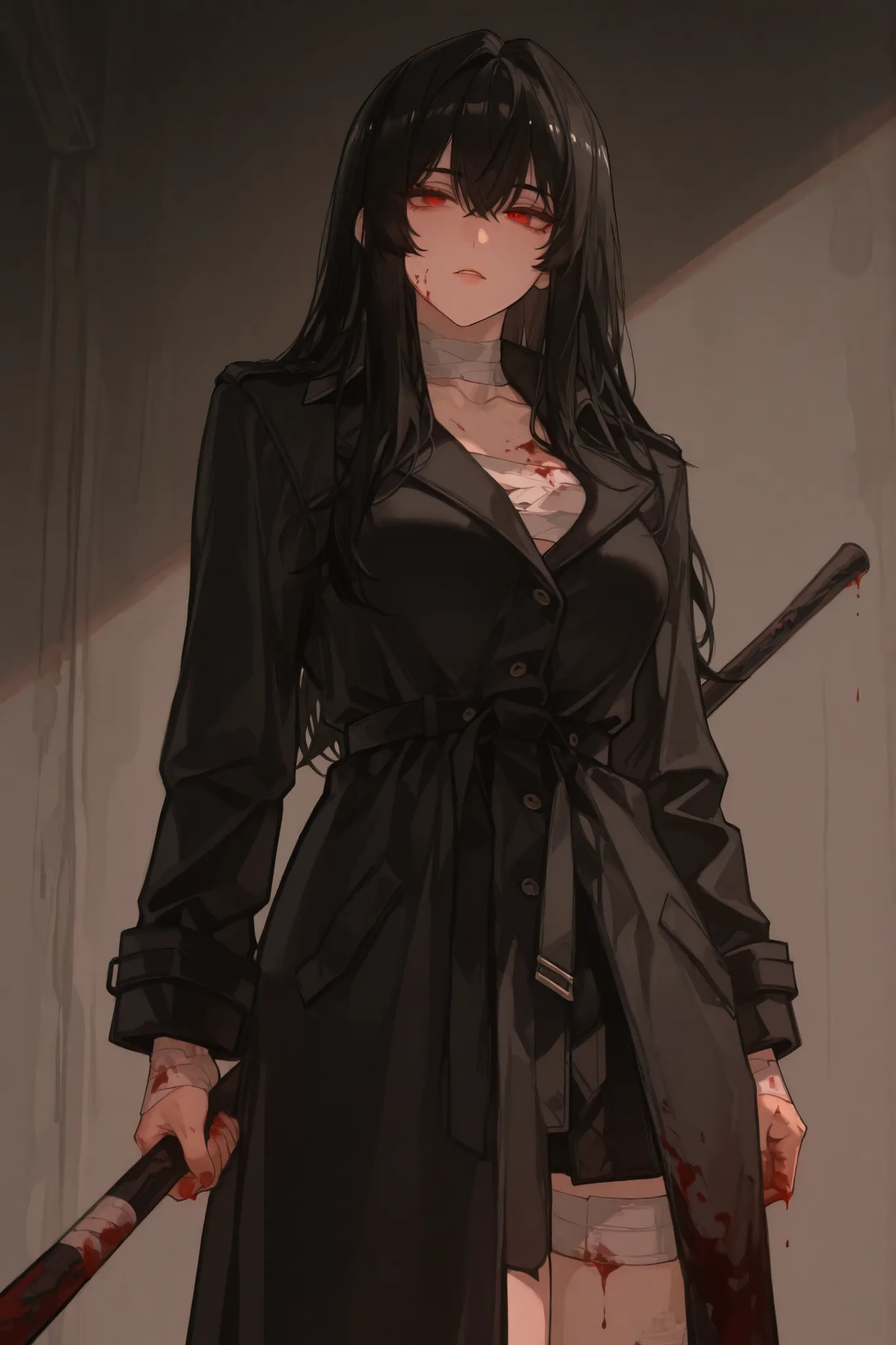 womanhood,25 years old,black hair,Red Eyes,black trench coat,discreet expression,Blood on the body,Bandage your hands,to hold a huge stick,