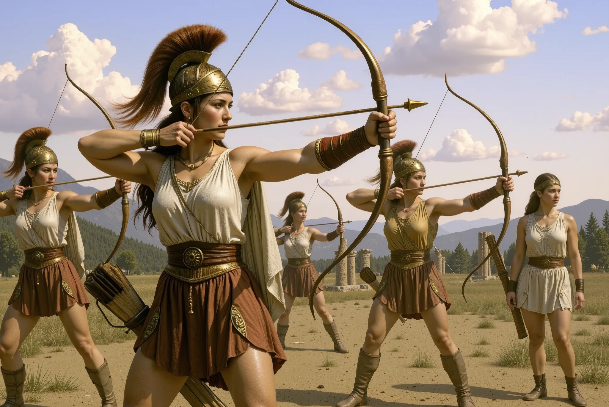 A group of Greek Amazons stand in a training camp at sunset. They wear Ancient Greek-inspired attire: short tunics in shades of red, blue and gold, adorned with leather and metal details. They stand in a shooting stance, pulling back classic wooden bows wi...