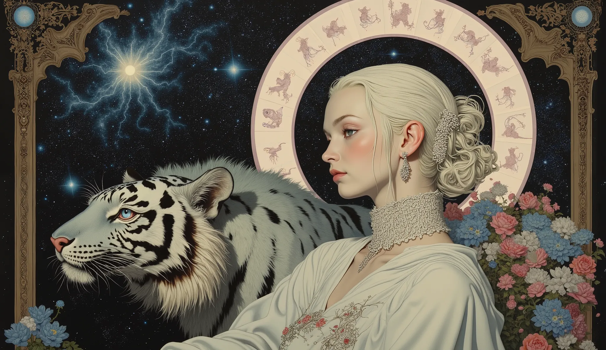 (( Bartolomé Murillo)) ((Cyberpunk's)), unique , In the clouds of the galaxy,　starry sky, halo,  , Blonde Long, ((Bartolomé Esteban Murillo style)),  darkness，SF, ((top quality, masterpiece)), (More Rights  , 高details),  8,000，Canvas Oil Painting
 Her porc...