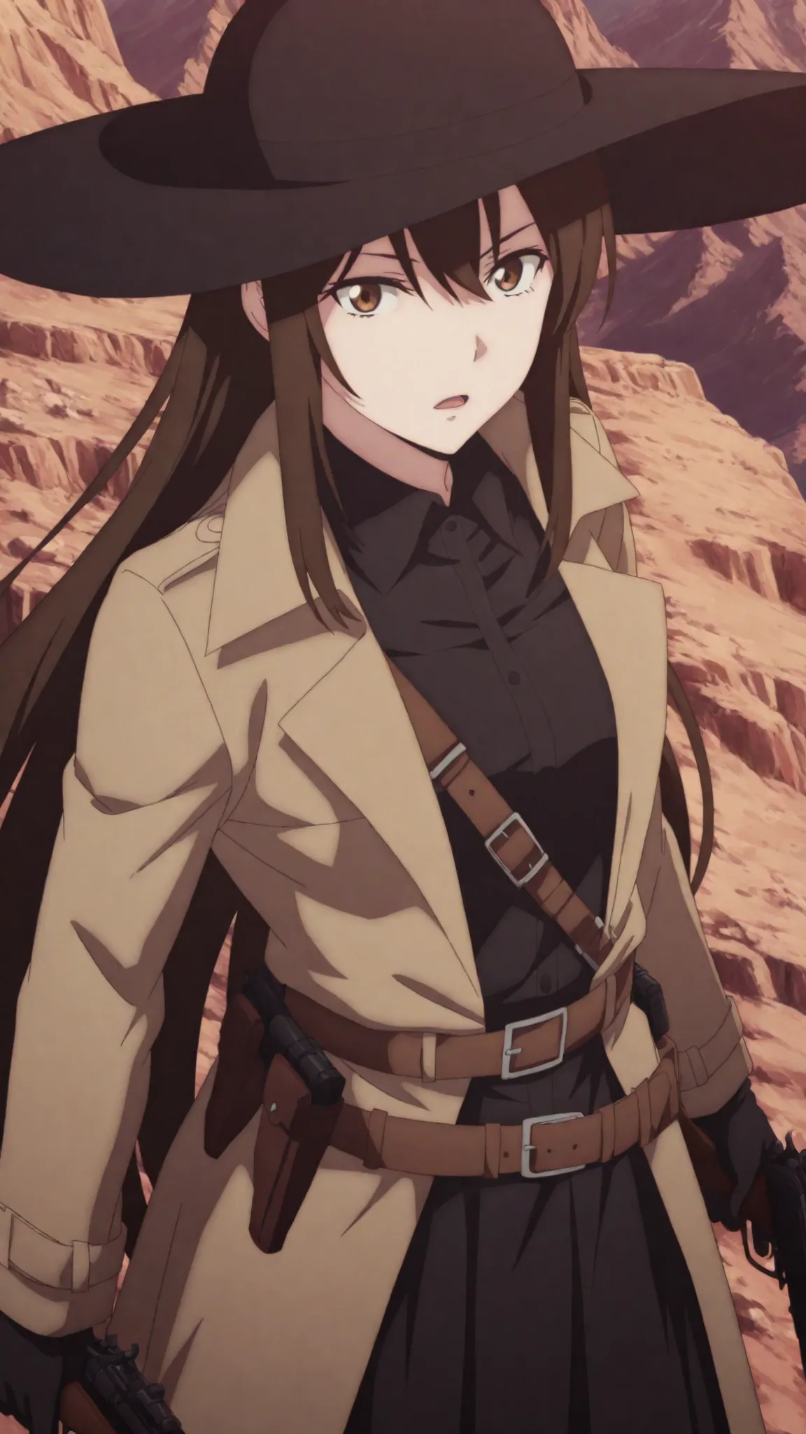kazuki,ishura
High quality ,  best quality , masterpiece,  High Resolution ,,anatomically correct,,anime Coloring
solo, 1 girl, Beautiful women, adult women, cool women,
, very long hair, brown hair, brown eyes,, black Wide brim hat , hair between eyes ,sm...