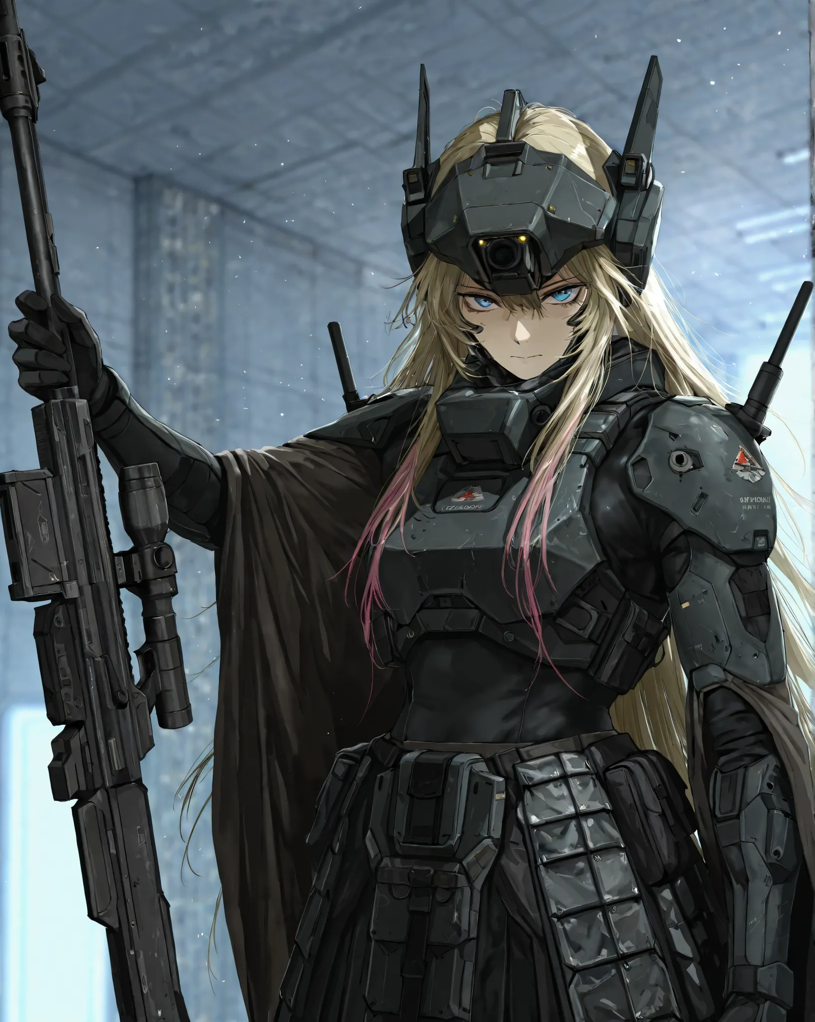by [inoitoh|arknights|748cmstyle], warcore, backlighting, warm lighting, scenery, accented lights, 1girl, solo, A close up of a mature woman at a quarter angle/three quarter angle, looking at viewer, detailed face, intricate details, shikimori, bright blue...