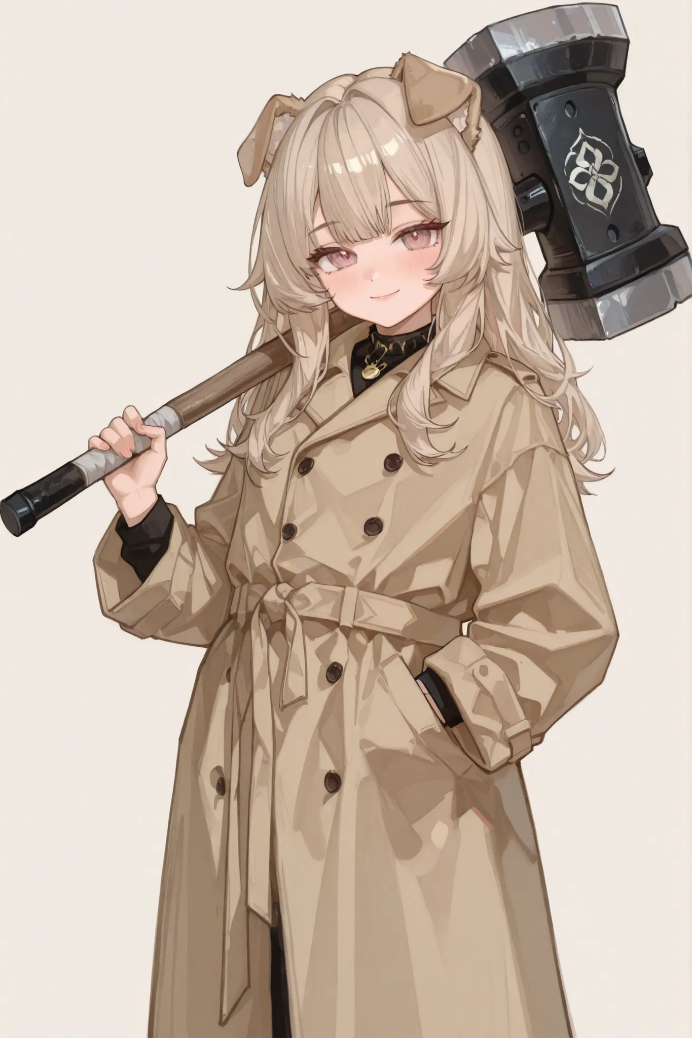 womanhood,Loli,light brown hair,Trench coat,Confident Smile,Holding a huge hammer, no background ,Dog ears