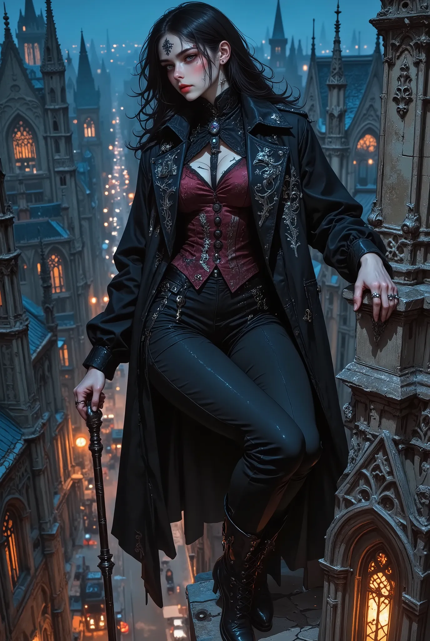 A mysterious young girl with aristocratically sharp features, pale porcelain skin and thick black hair, slightly disheveled by the night wind. Her beautiful eyes – a cold gray-blue shade – look into the distance with an expression of deep thought. There is...