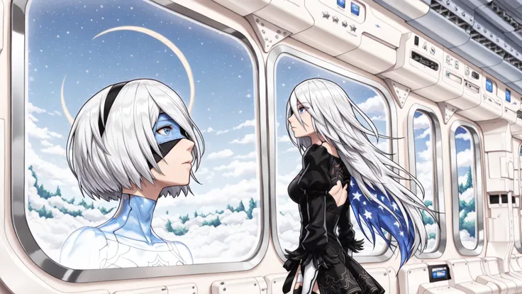 scenery, nierscene, 2 images, right image: ((1character, solo, a2_\(nier:automata\), long hair, in a forest, looking up at the bright blue sky, vivid colors, day, small crescent moon visible in the daytime sky, Ko'olau volcano in the background)) left imag...