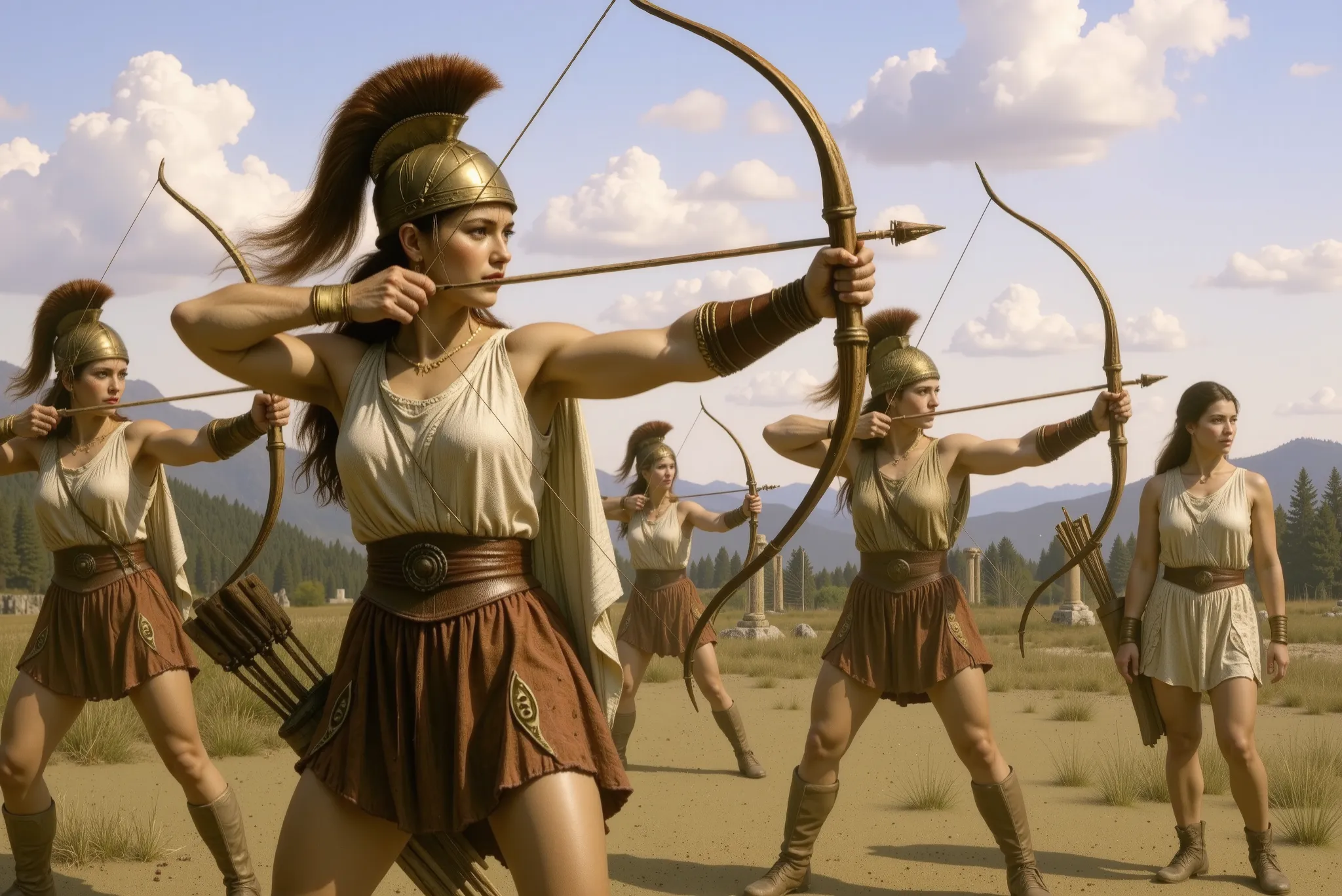 A group of Greek Amazons stand in a training camp at sunset. They wear Ancient Greek-inspired attire: short tunics in shades of red, blue and gold, adorned with leather and metal details. They stand in a shooting stance, pulling back classic wooden bows wi...