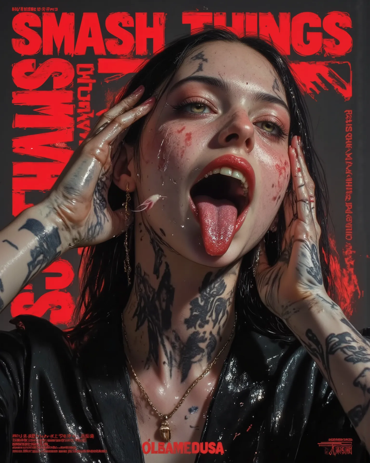 wicked, World of pain and drama and dark and dangerous！、((Dangerous World:1.2)) fashion photograph、((Movie poster: "Smash Things" Olbamedusa presents:1.2))、portrait,a young woman, photorealistic, Later ,genuine leather  ,best quality ,  super fine ,mafia  ...