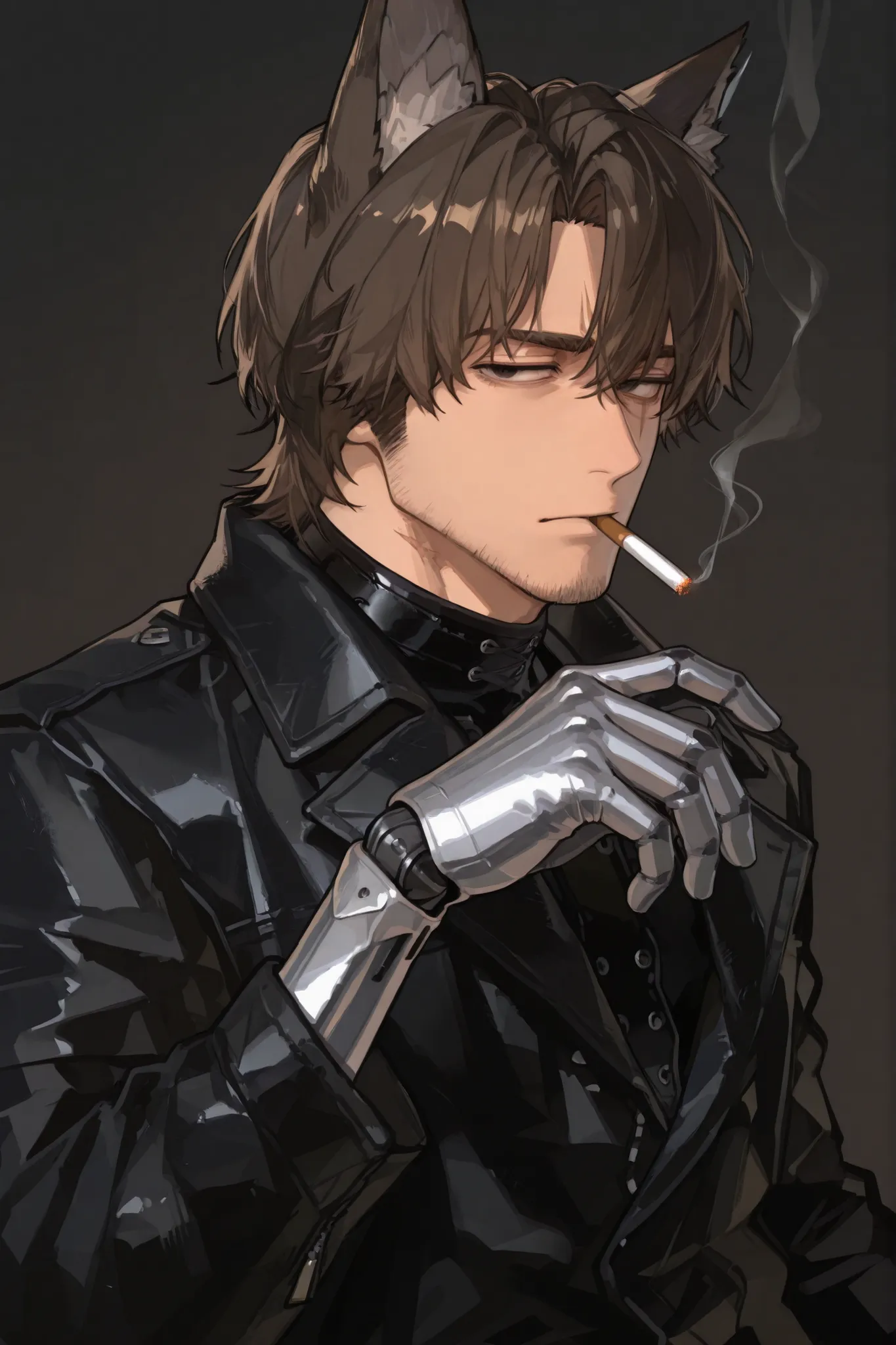 male,30 years old,Stubble,brown hair,black eyes,has a scar on the left eye,Natural look,Cigarettes in the mouth,wearing a black leather coat,The right hand is a silver prosthesis,solid background,Wolf ears