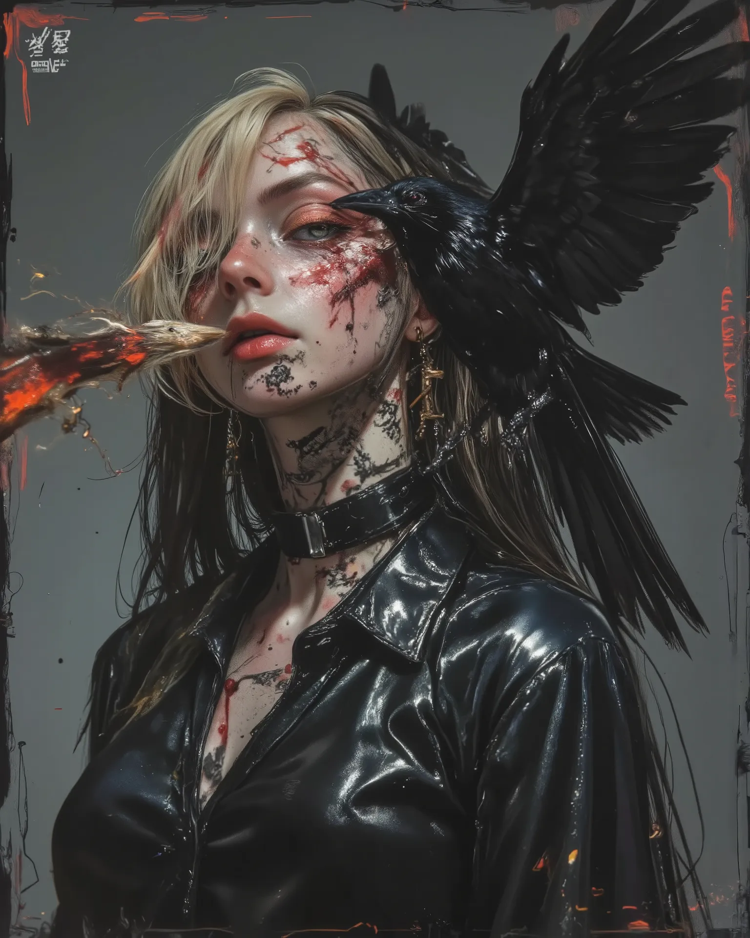 wicked, World of pain and drama and dark and dangerous！、((Dangerous World:1.2)) fashion photograph、portrait,an abandoned rag doll and old leather, photorealistic, Later ,genuine leather  ,best quality ,  super fine ,mafia  ,siniestro, ,(a raven is your fri...