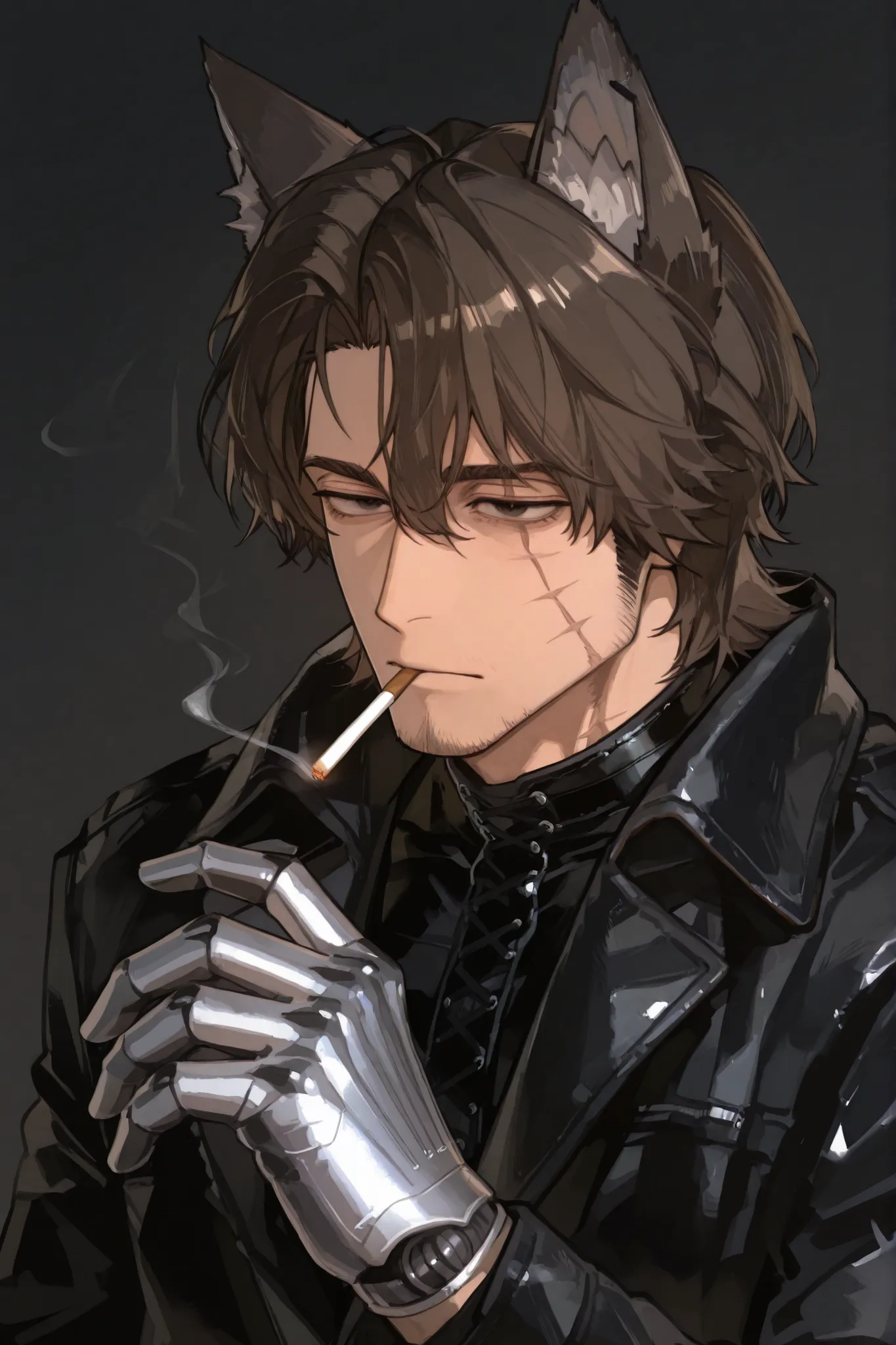 male,30 years old,Stubble,brown hair,black eyes,has a scar on the left eye,Natural look,Cigarettes in the mouth,wearing a black leather coat,The right hand is a silver prosthesis,solid background,Wolf ears