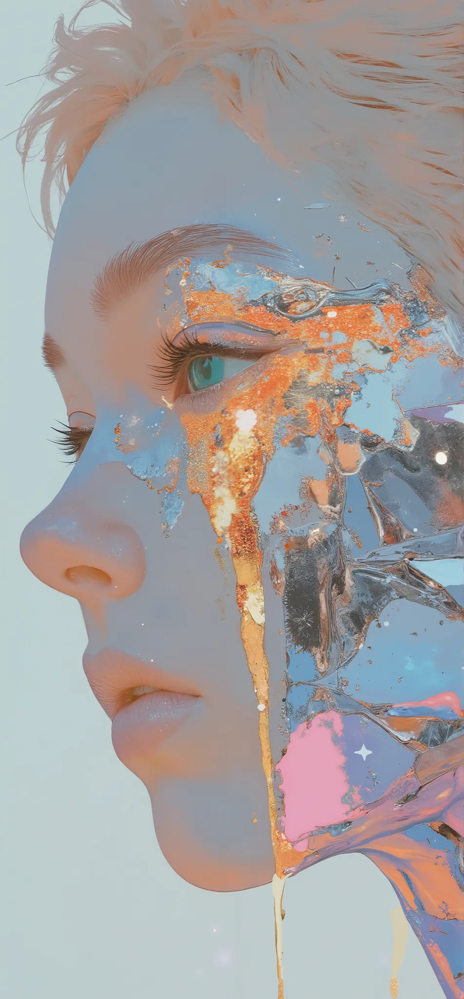 Extreme close-up portrait of a striking woman with an ultra-short, razor-edged pixie cut and precision baby bangs. Her hair gleams in a radiant molten peach-blonde, infused with liquid chrome and holographic metallic strands that ripple like heated metal u...
