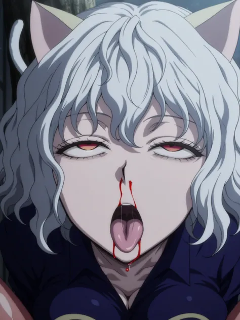 pitou
short hair, wavy hair, white hair
cat ears, cat tail
red eyes
blue shirt,anime screencap,  anime screencap,((expressionless)),((half closed eyes)),(((dead eyes))),empty eyes,((rolling eyes)),nosebleed,blood from mouth ,((sole view)), score_9, score_8_up, score_7_up, source_anime,,best quality,amazing quality, 1girl,solo,masterpiece, newest, lively, Very aesthetic, high contrast, Best Quality, semi-realistic,nsfw, best quality,4k,upper body,sitting ,((face focus))outdoor,sleep,((pov)),kiss,breast press, breast press, 1girl,kiss,(tongue out:0.5) ,lean against the wall,closed eyes,((expressionless)),(((face close-up))),((tongue focus))),anime_coloring,(straight on),medium breasts,((solo)),school hallway,open mouth,front view, facing forward, looking straight ahead , symmetrical face, Leaning against a tree
