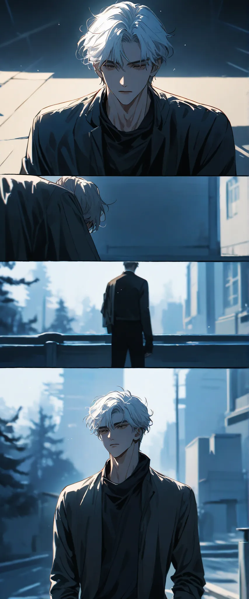 best quality, Masterpiece, ,knife hidden behind super high resolution, male,Two boys,A boy's cold, Very handsome, male students,Have abdominal muscles,韩国comic style, Very handsome脸插画,Sense of distance,sunshine,young,Dark,White hair,comic style,Avatar,Wir...
