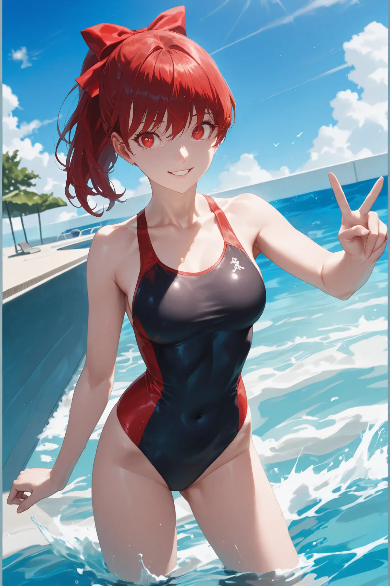 Close-up face:1.3,masterpiece:1.3,Newest,((Slender:1.4)))、Busty:1,top quality:1.3, for competitive water:1.3,Red hair、Dark Red Eyes:1.3、High Ponytail、(Red hair bow:1.2),((beautiful eyes:1.3))、pool side、beautiful thighs、thin thighs:1.3.((and 2 people with s...