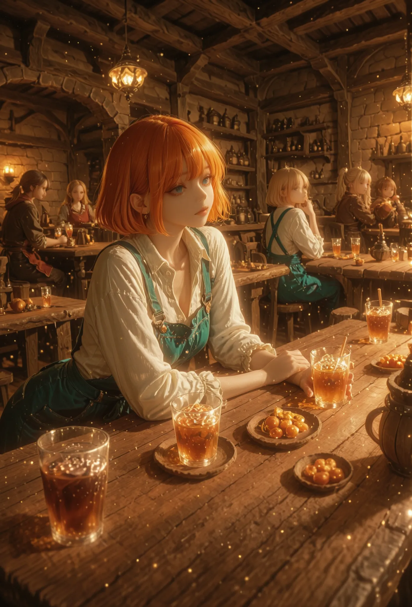 Dynamic perspective angle shot, A digital art image shows the girl in the tavern with table full of drinks,more than enough , drinks more than usual, short hair, white skin, ginger hair, bright blue eyes, she getting bored With her drinks. Bored, 4 drinks ...