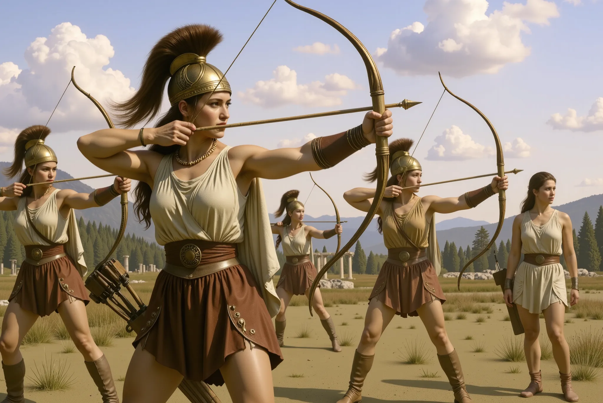 A group of Greek Amazons stand in a training camp at sunset. They wear Ancient Greek-inspired attire: short tunics in shades of red, blue and gold, adorned with leather and metal details. They stand in a shooting stance, pulling back classic wooden bows wi...