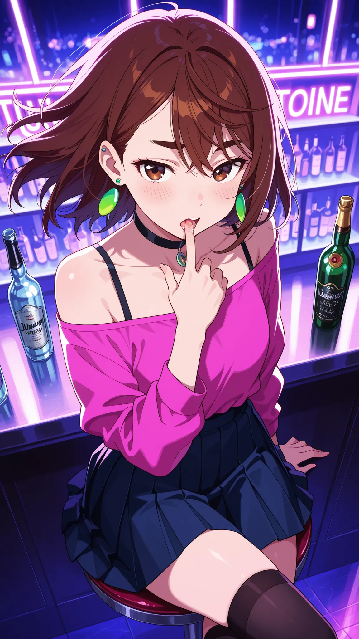 BREAK (masterpiece:1.2), best quality, high resolution, unity 8k wallpaper, (illustration:0.8),Luxurious modern bar interior at night, high-end design, glossy marble floors with reflections, neon lighting in purple and blue tones, glass and chrome surfaces...
