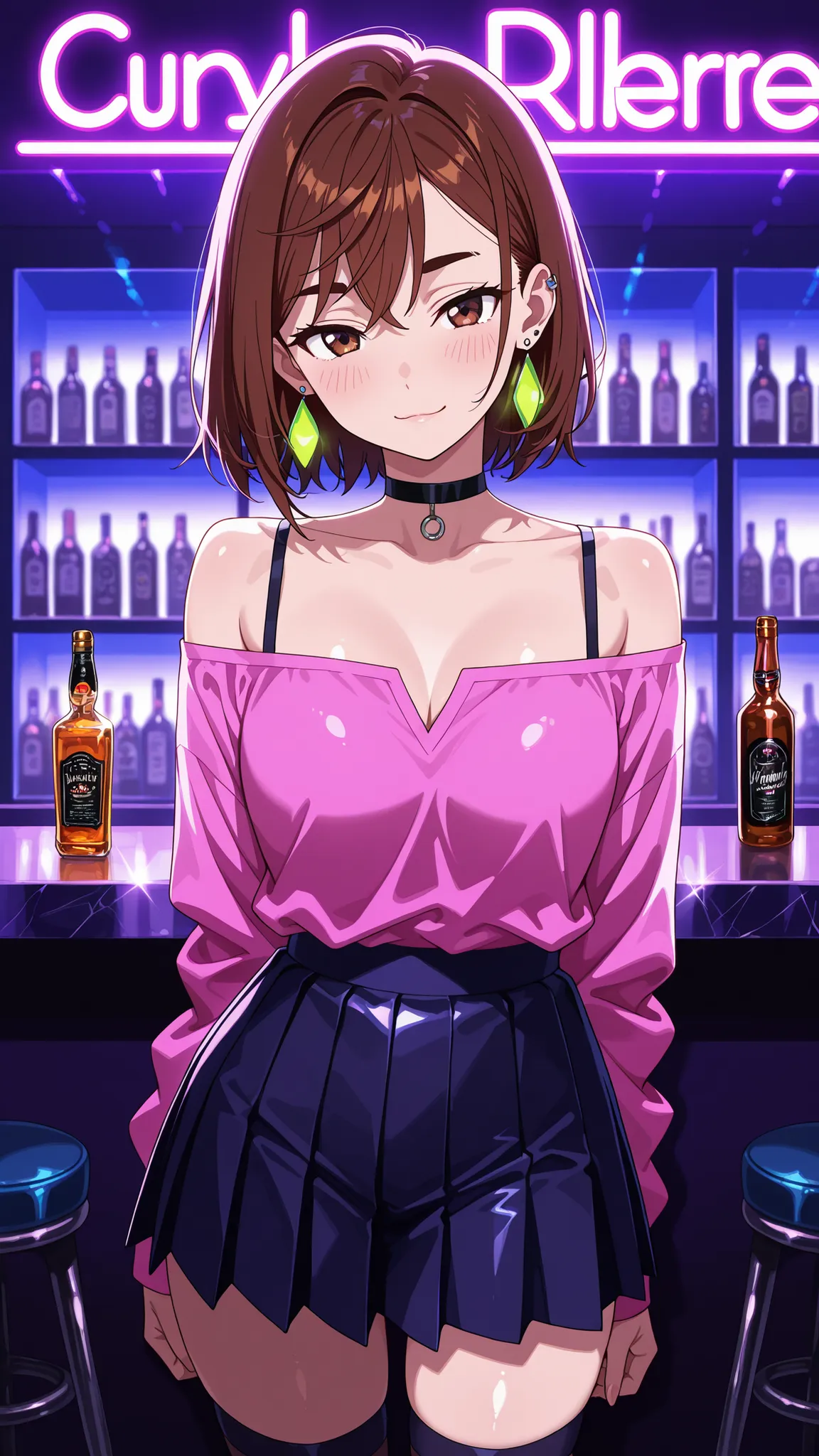BREAK (masterpiece:1.2), best quality, high resolution, unity 8k wallpaper, (illustration:0.8),Luxurious modern bar interior at night, high-end design, glossy marble floors with reflections, neon lighting in purple and blue tones, glass and chrome surfaces...