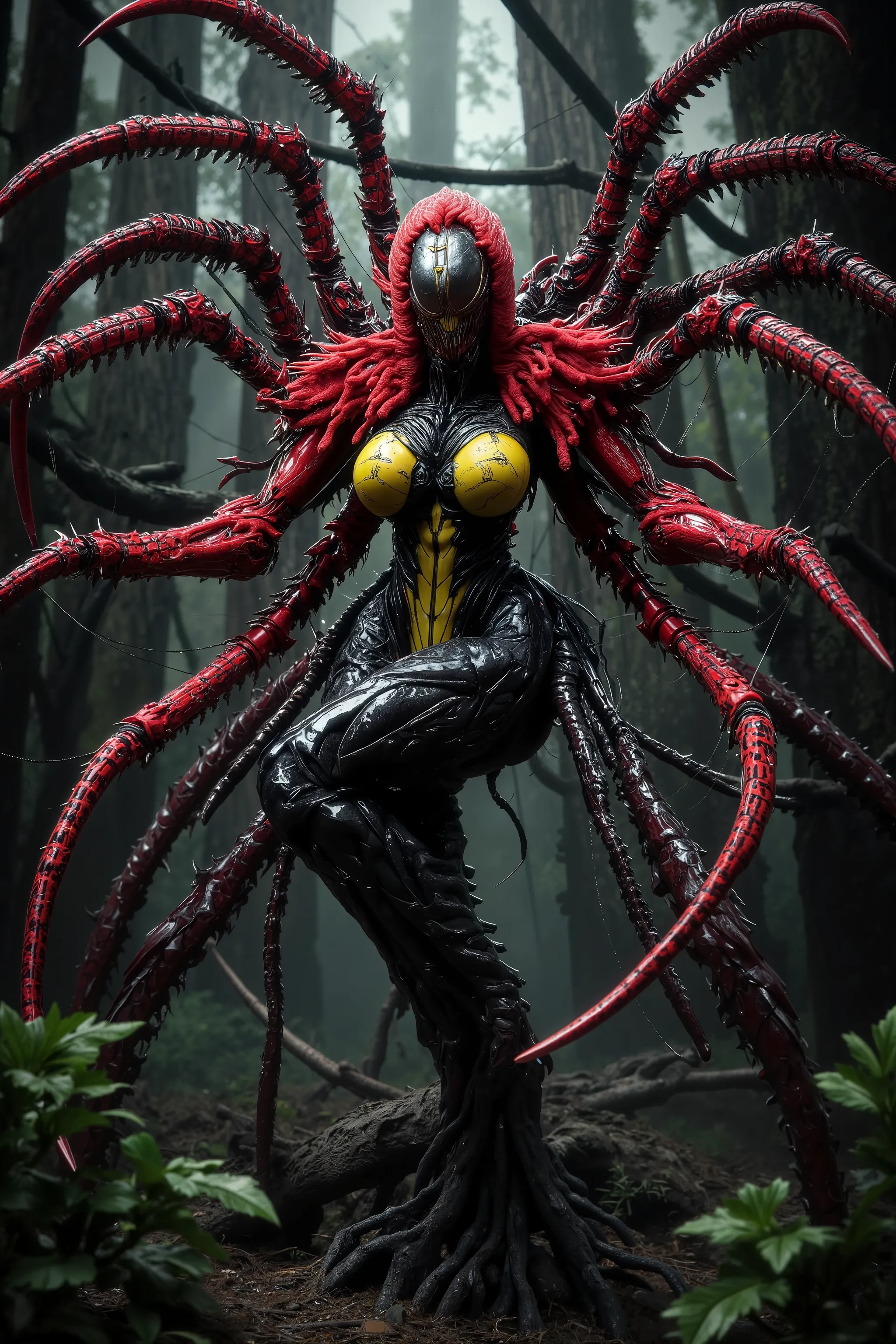 A spider woman (furry horror) (sexy, anthropomorphic spider woman red with yellow stripes on black chitin) she is extremely sexy and inviting (8 arms ending in razor talons, large dark eyes, murder mouth), behind her is a near unseen web with many cocooned...