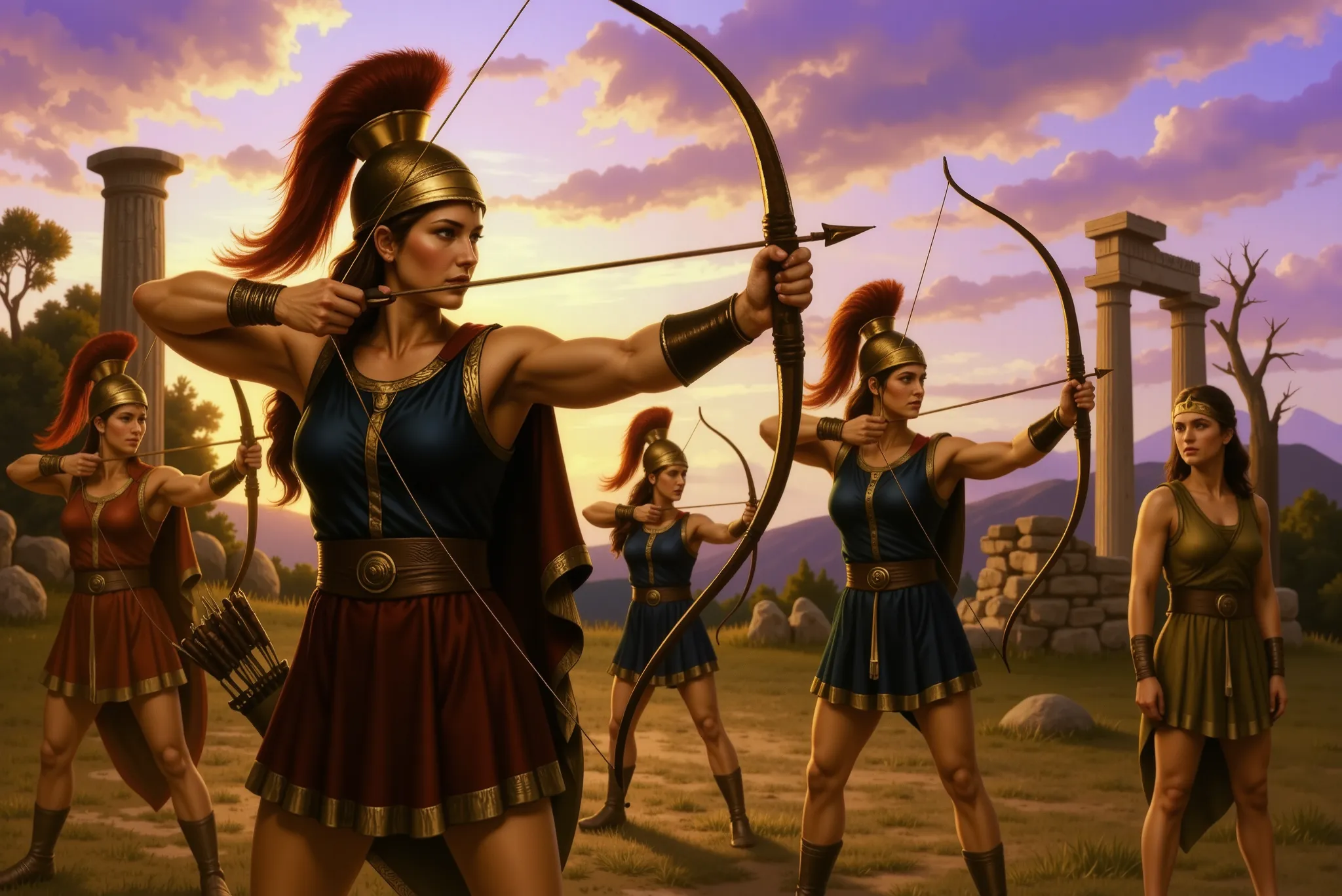 A group of Greek Amazons stand in a training camp at sunset. They wear Ancient Greek-inspired attire: short tunics in shades of red, blue and gold, adorned with leather and metal details. They stand in a shooting stance, pulling back classic wooden bows wi...