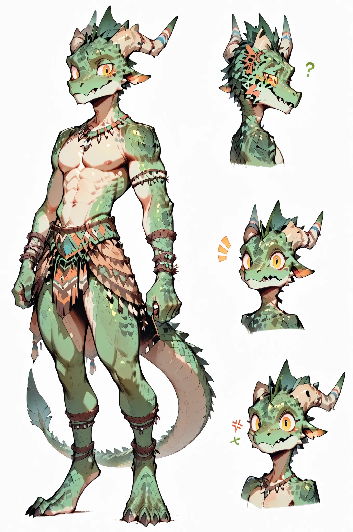 ( solo male, green skin, green scales, (((Kobold)), (detailed kobold)) wearing a adventure equipament , a tribal clothes, topless,character design, 