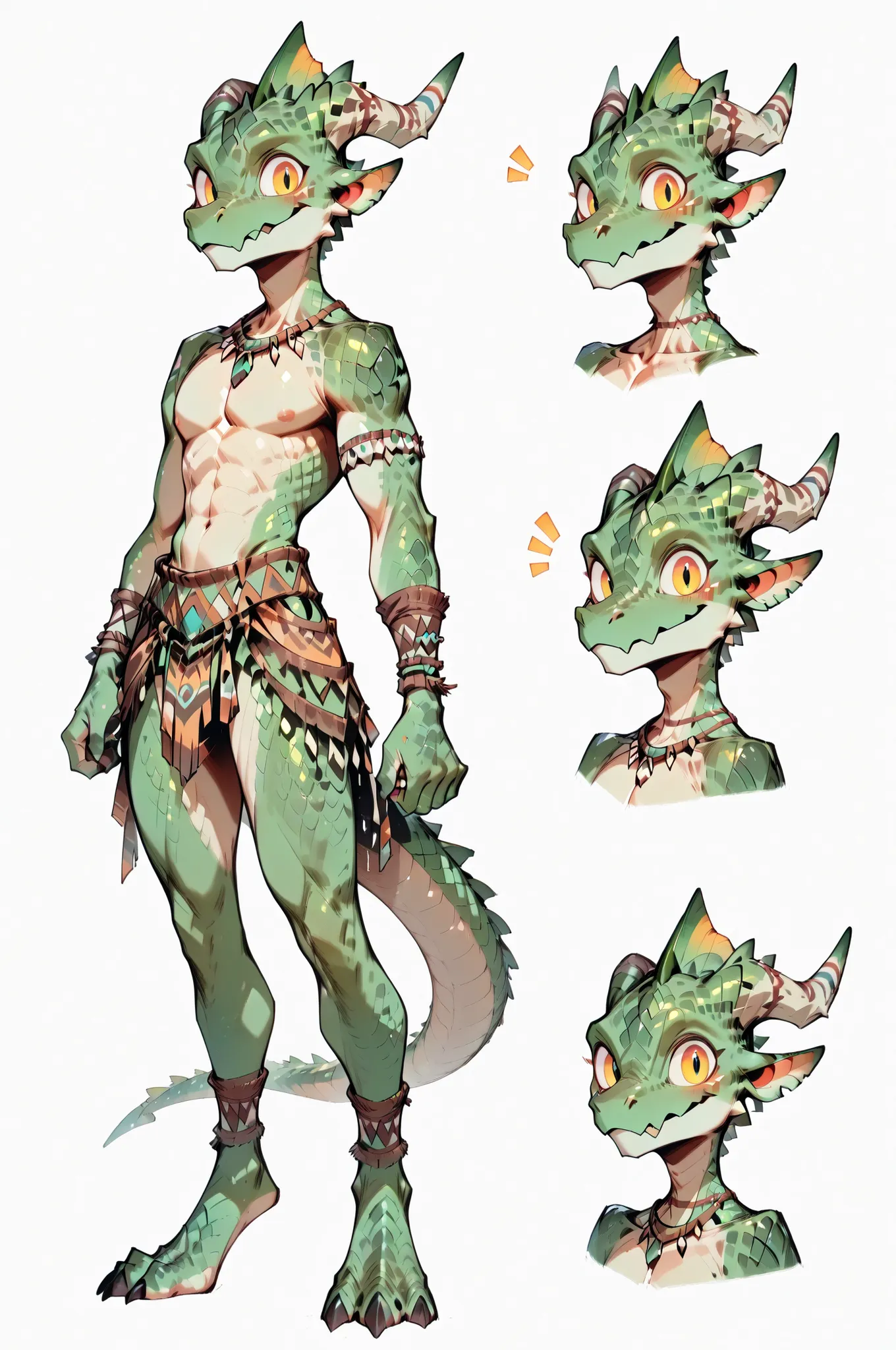 ( solo male, green skin, green scales, (((Kobold)), (detailed kobold)) wearing a adventure equipament , a tribal clothes, topless,character design, 