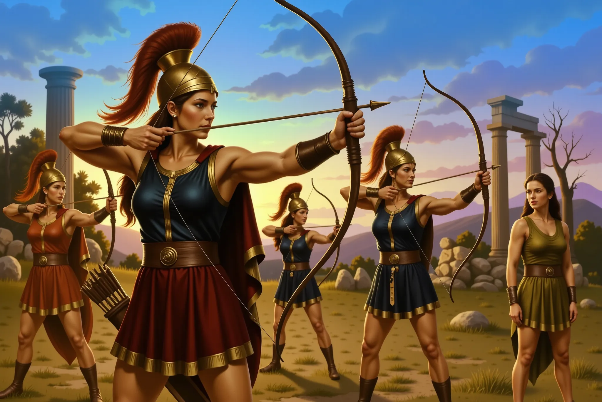 A group of Greek Amazons stand in a training camp at sunset. They wear Ancient Greek-inspired attire: short tunics in shades of red, blue and gold, adorned with leather and metal details. They stand in a shooting stance, pulling back classic wooden bows wi...