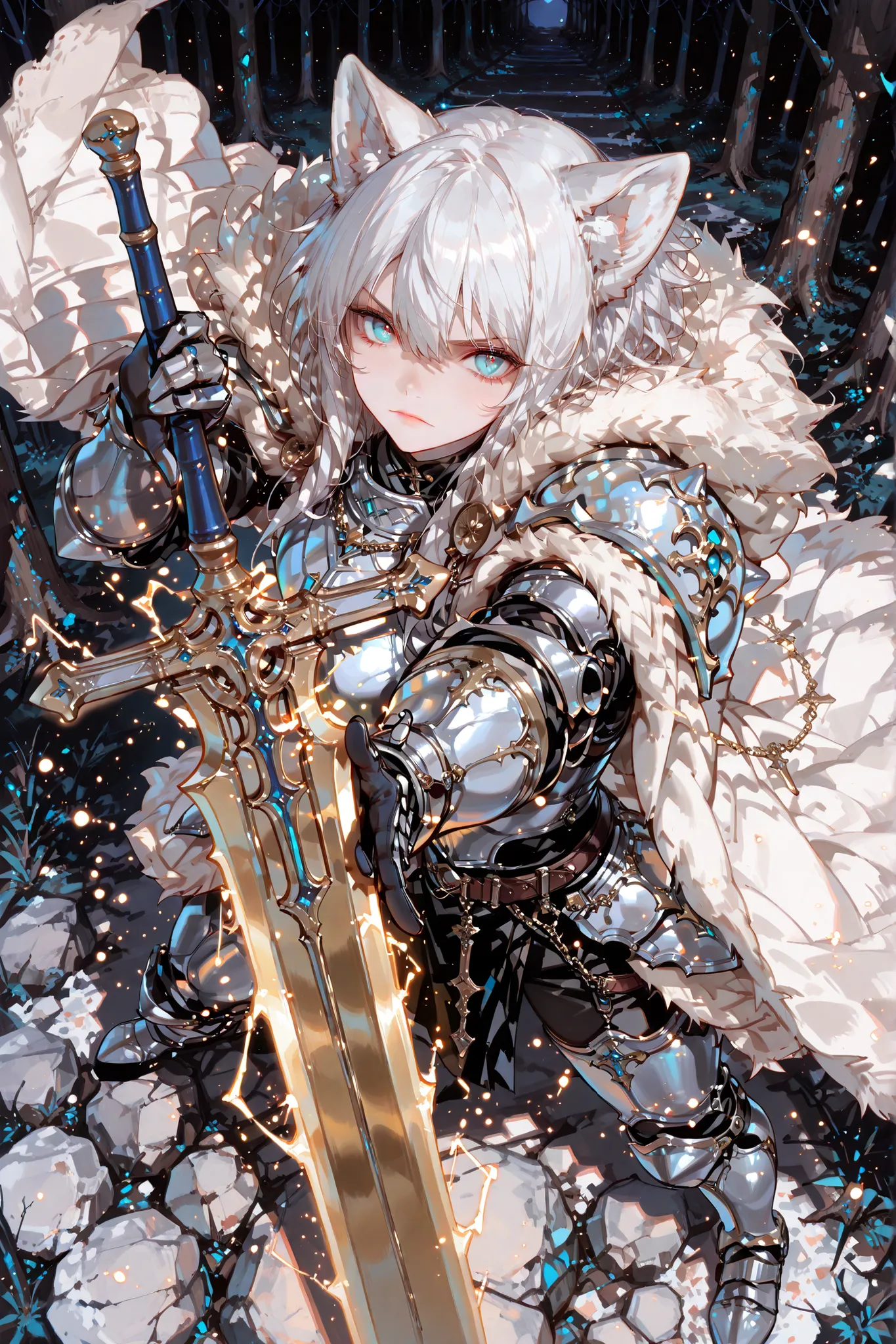 anime,dynamic pose, foreshortening, extreme perspective,,(1girl:1.3), queen, noble expression, wolf ears, long white hair, silky hair, bright cyan eyes, perfect face, beautiful, pale skin,
BREAK
regal pose, standing confidently, majestic atmosphere, sword ...